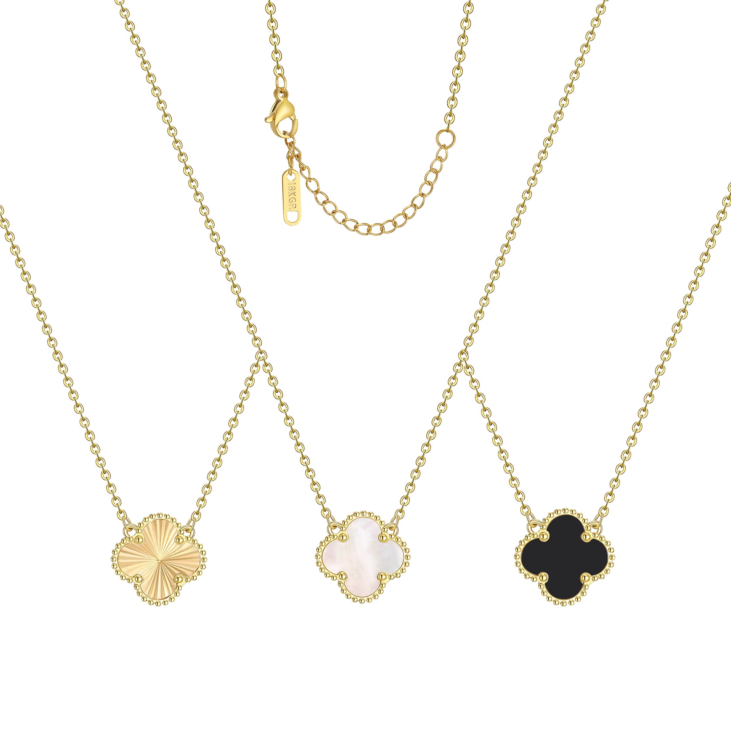 ZephyrHome Collar de Trébol de Cuatro Hojas para Mujer,Joyería de Suerte Chapada en Oro 18K,collar de acero inoxidable para joyería alérgica,Colgante de Suerte para Navidad y Cumpleaños（blanco+negro+dorado）