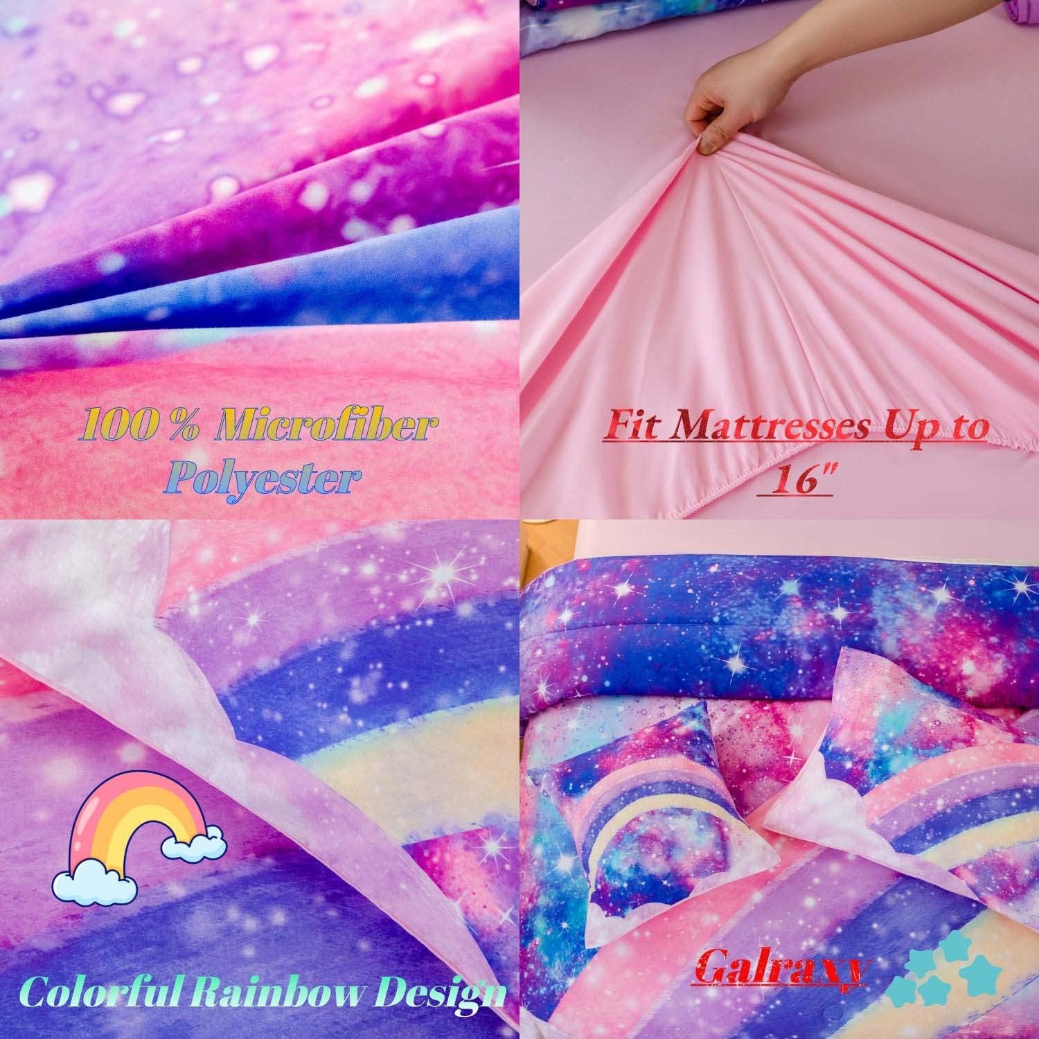 ANGIYUIN 6Pcs Pink Full Size Bed in A Bag for Girls 3D Tie Dye Comforter Sets Colorful Rainbow Kids Bedding Sets Ultra Soft Pastle Nebula Printed Bed in A Bag with Sheets