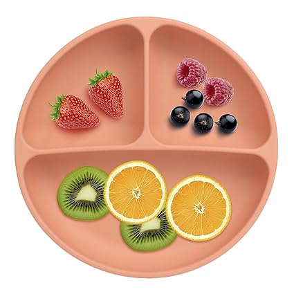 Xacton Silicone Suction Plates for Baby Microwave,Dishwasher, Freezer Safe Unbreakable | 3 Divided Portion with 4 Suction Cup Feeding Plate for Baby & Toddlers (Light Pink)
