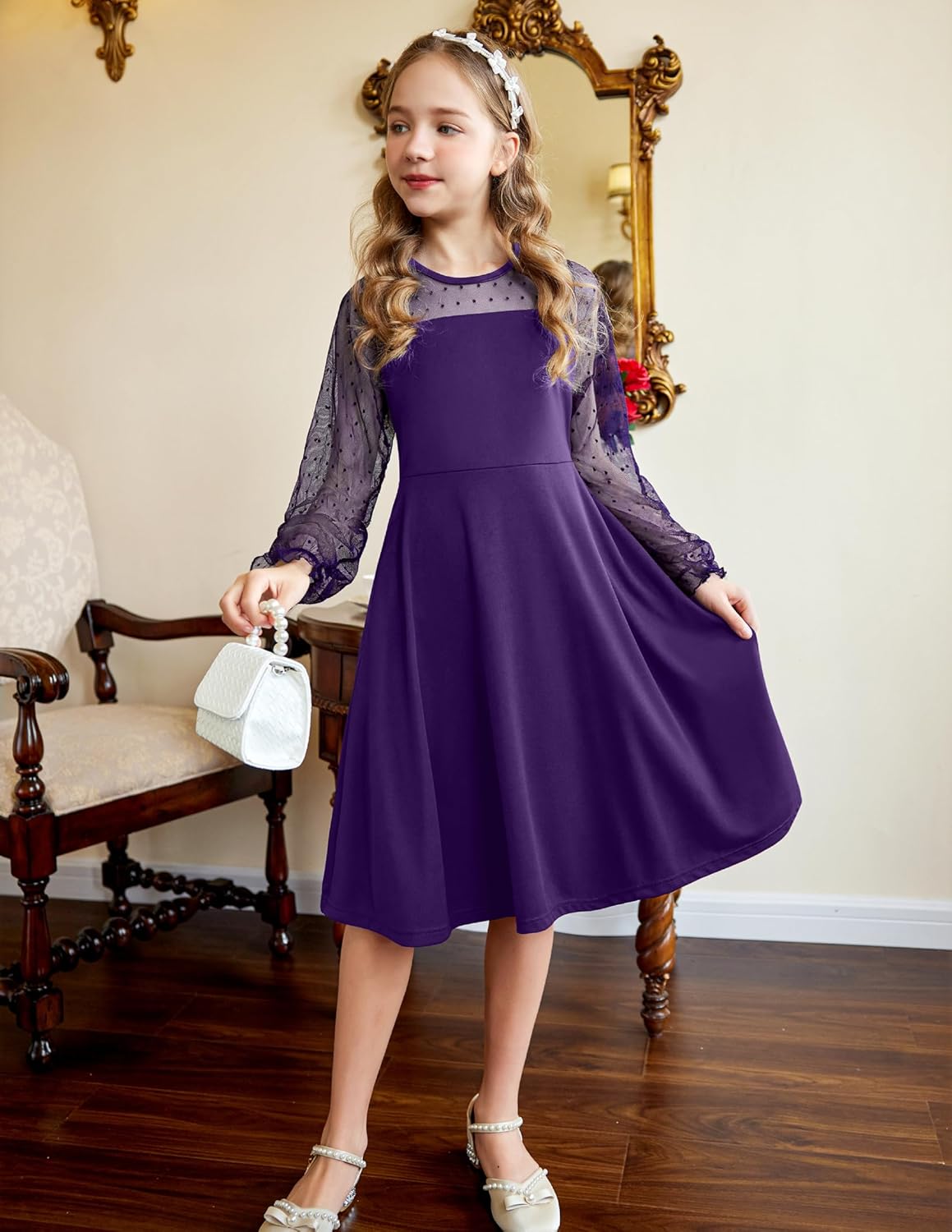Arshiner Girl's Contrast Mesh Puff Long Sleeve High Waist A Line Short Dress with Pockets for 6-13 Years - Image 6