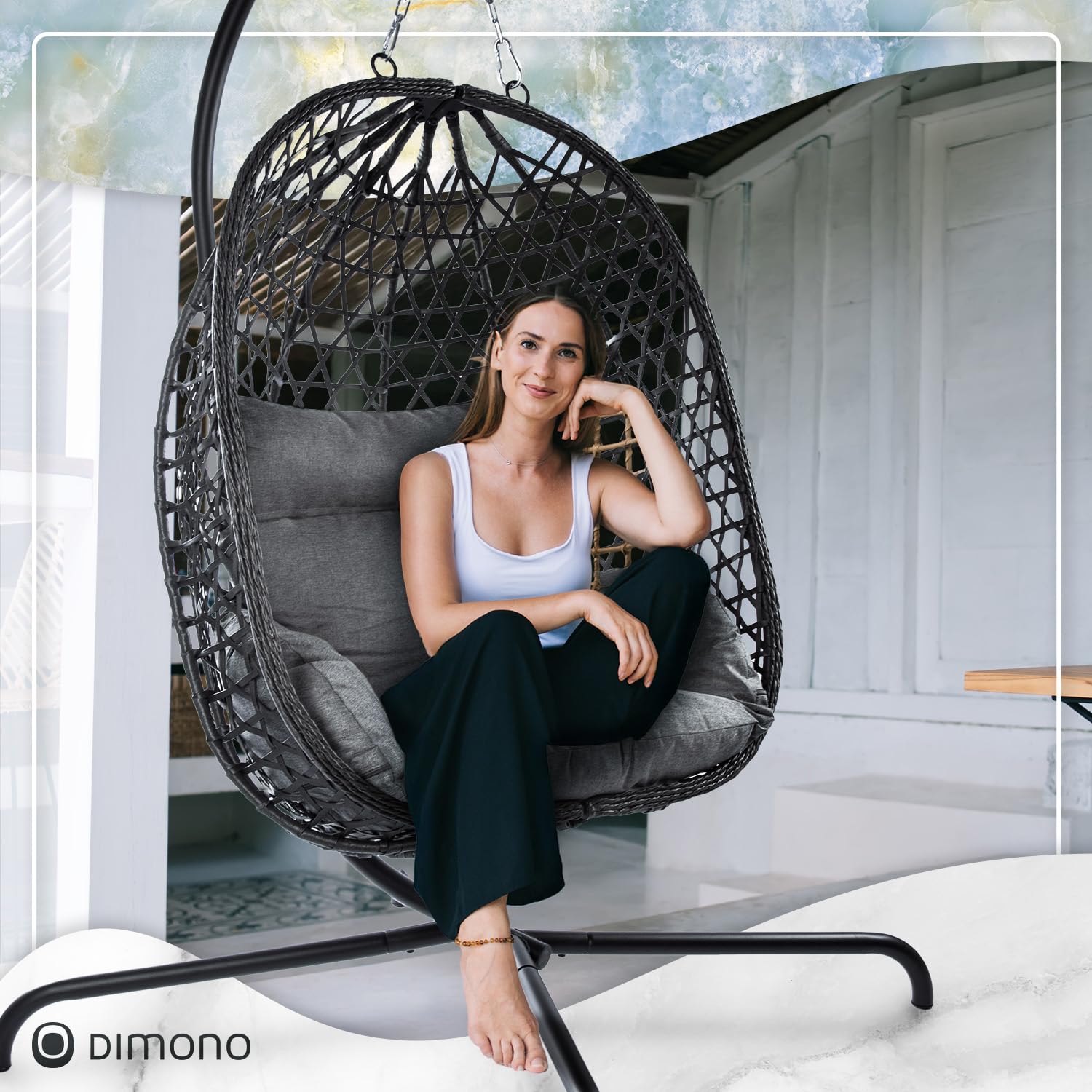 Chaise Suspendue avec Support ; Fauteuil de Relaxation en rotin Suspendu Outdoor & Indoor ; Balançoire Egg idéale pour Le Jardin, la terrasse, Le Coin Lecture UVM. Capacité de Charge de 120kg (Gris)
