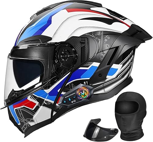 Casco modular de motocicleta Bluetooth aprobado por DOT, doble visera abatible de cara completa con protector solar integrado, forro extraíble