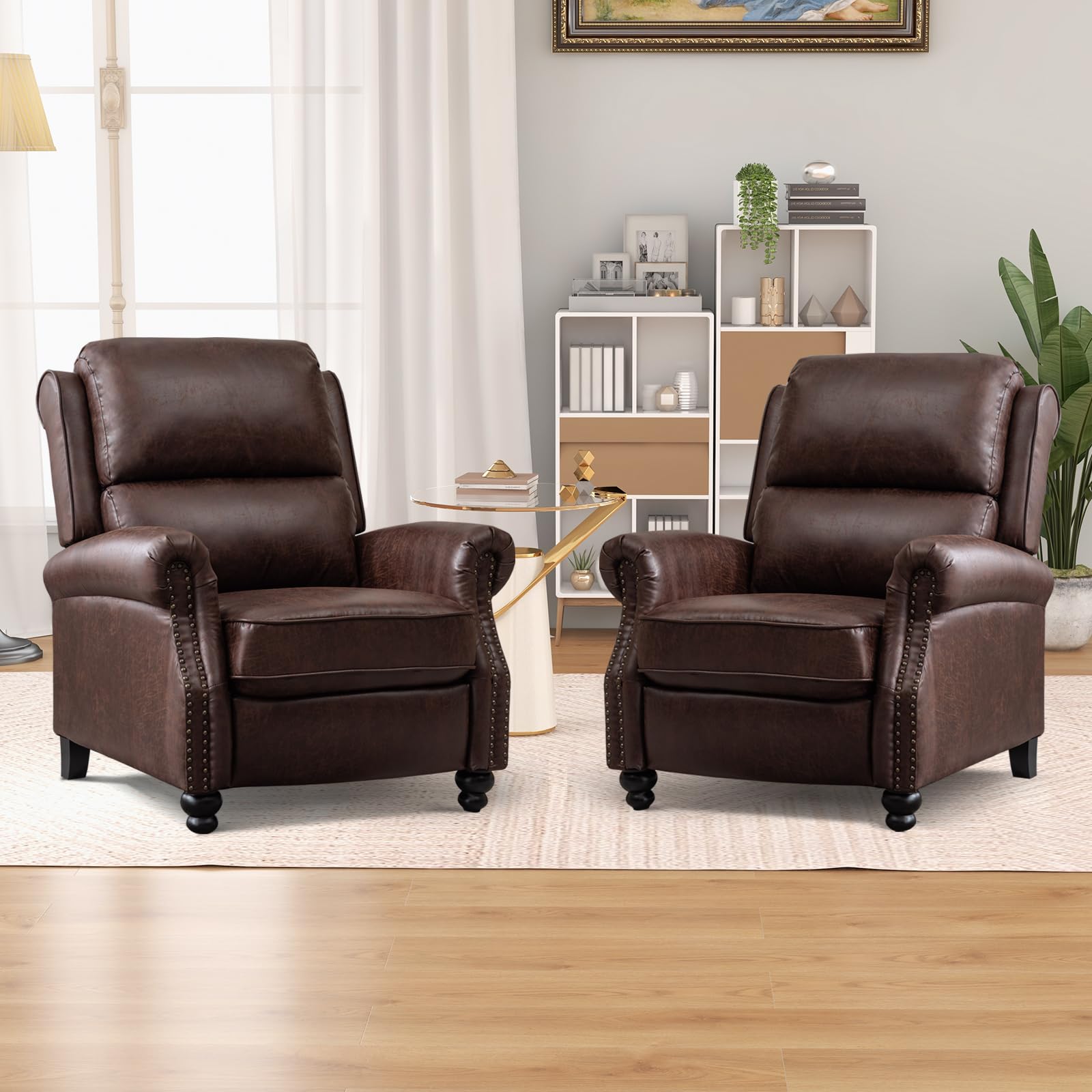 CANMOV Pushback Recliner Chair Set of 2，Leather Armchair Push Back Recliner with Rivet Decoration Single Sofa Accent Chair for Living Room, Reddish