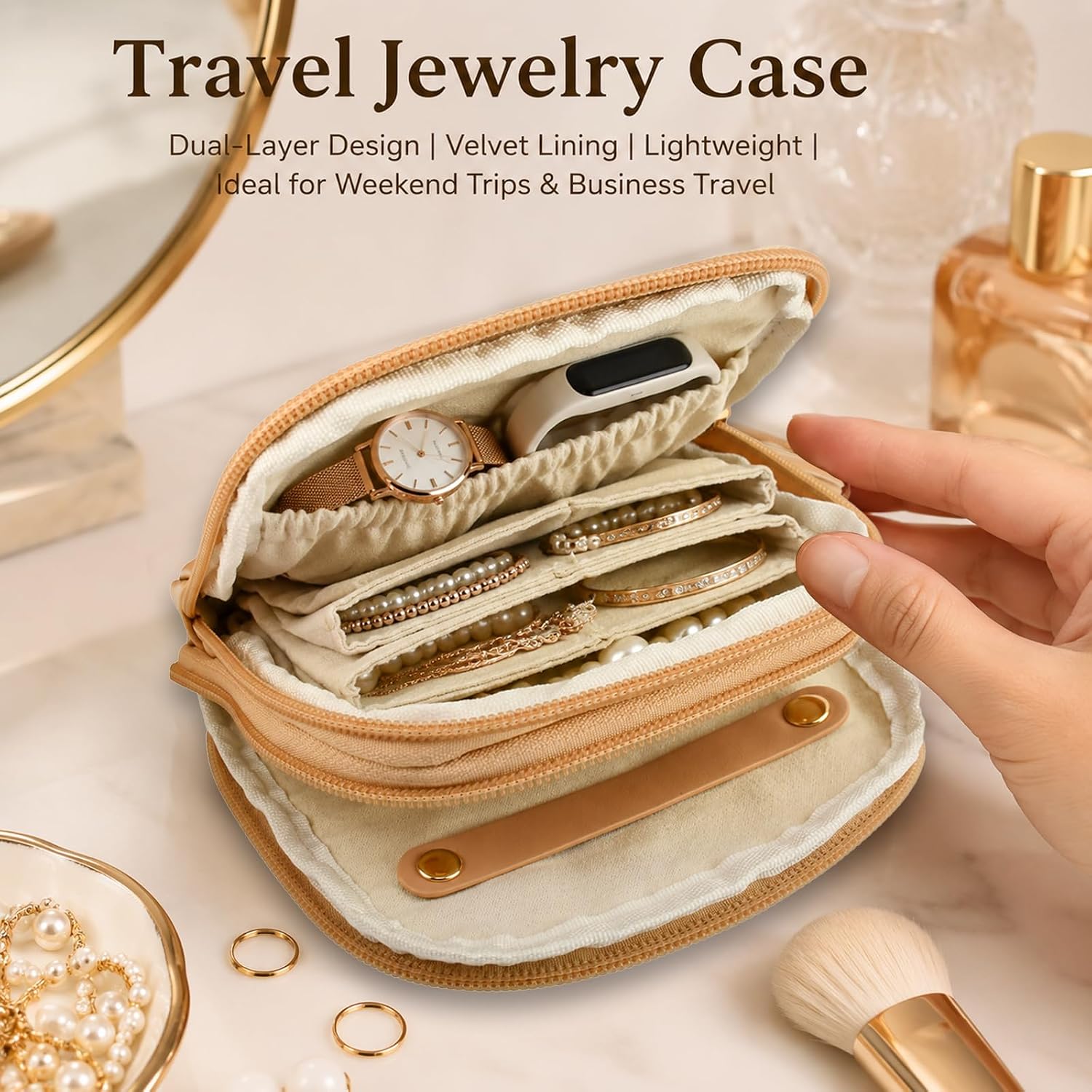 2‑Layer Travel Jewelry Case, Portable Faux Leather Jewelry Organizer image 3