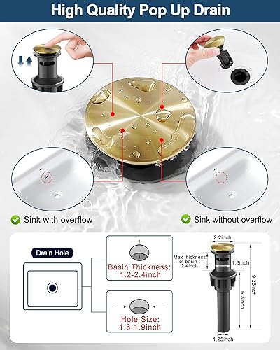 Miniatura 5 de Grifo de cascada, grifo de baño dorado cepillado de latón, grifos de baño de un solo mango de 4 pulgadas, 1 agujero o 3 agujeros, grifo de fregadero