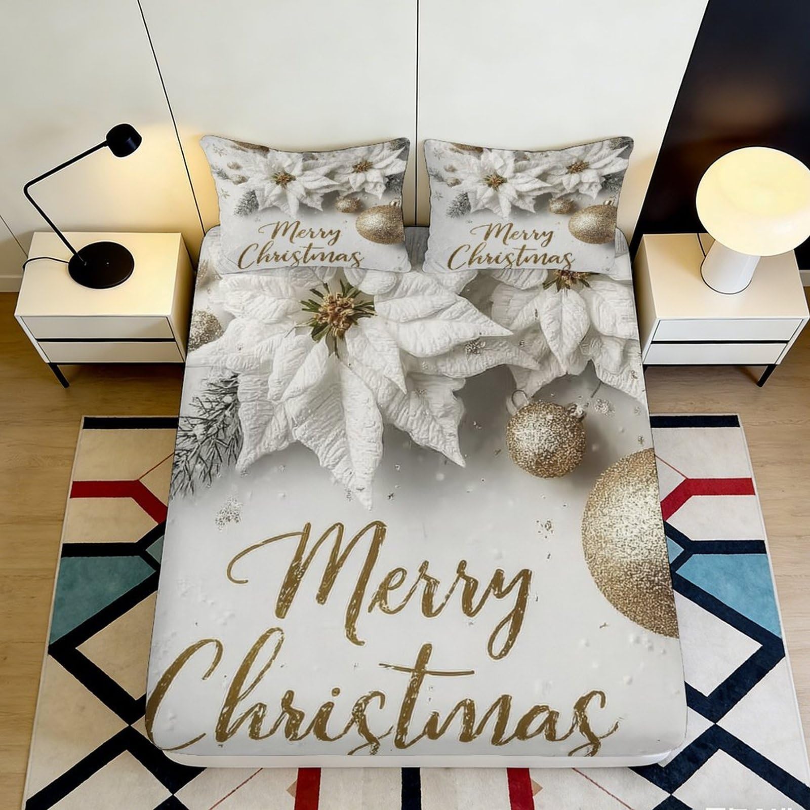 Pnayamiorkfel Style-9 3D Printed Christmas Poinsettia Fitted Sheet Microfiber Soft Gold Ornament Bed Cover For Bedroom Guest Room Decor 90X200x25cm
