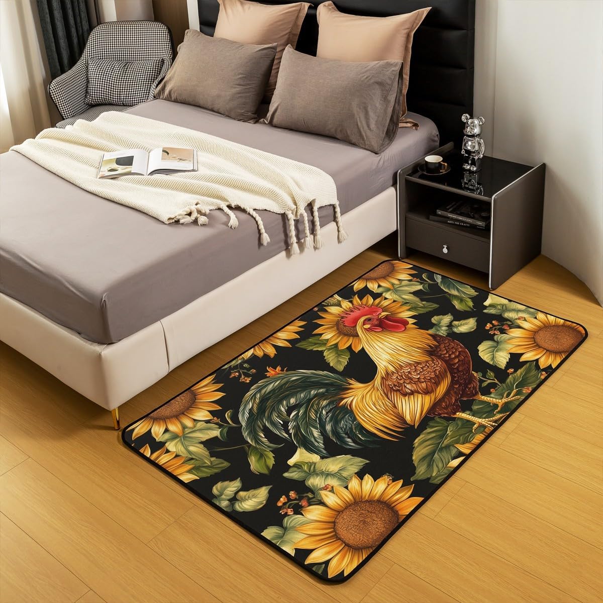 Erosebridal Sunflower Area Rug 3x5, Rooster Carpet, Poultry Pastoral Indoor Floor Mat, Leaves Botanical Farmhouse Washable Decorative Rug, Animal Non Slip Living Room Rugs