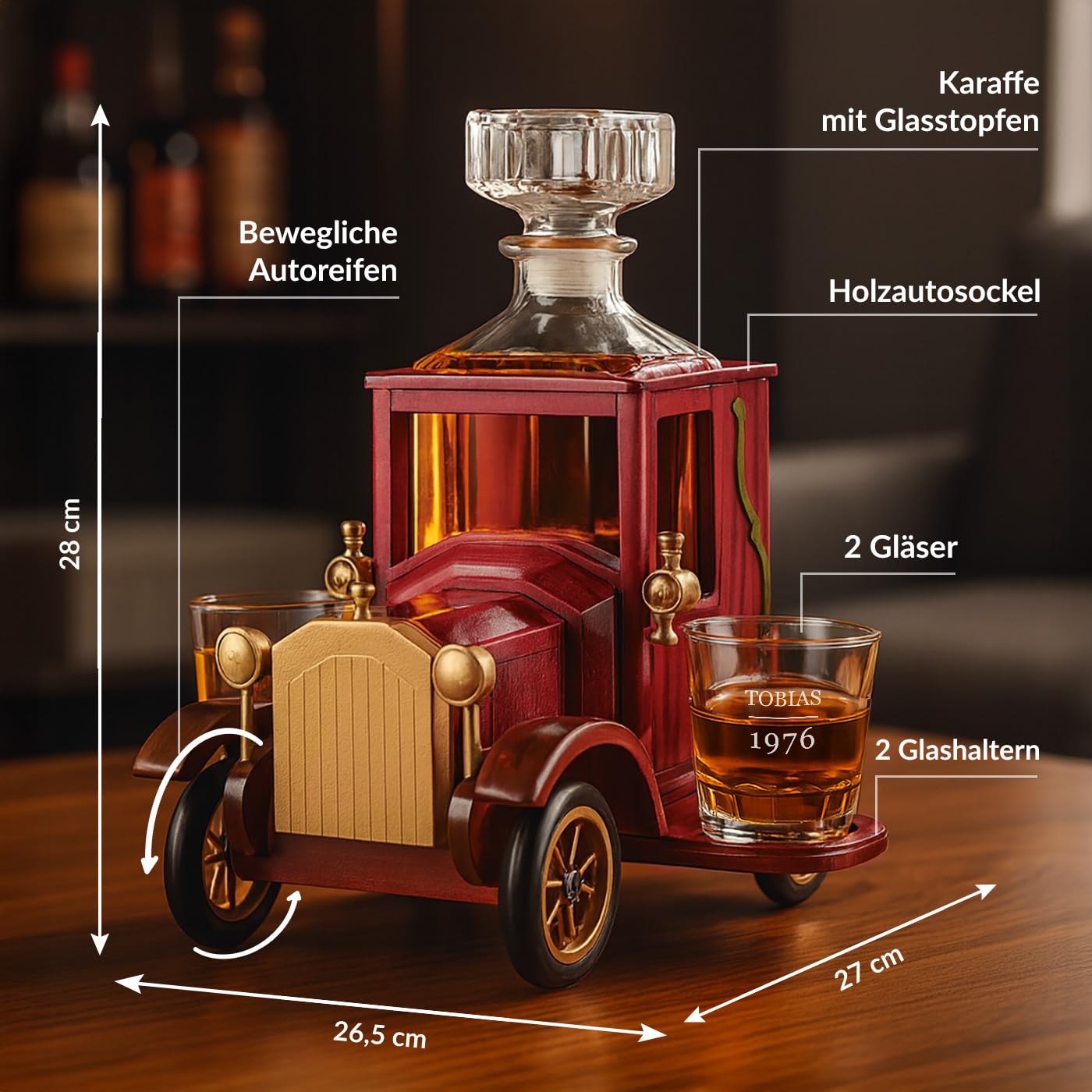 Maverton Vintage Auto Dekanter Set - 900 ml Karaffe & 2 personalisierte Whisky Gläser in Holzwagen - Whiskey Geschenkset - personalisierte Geschenke zum Geburtstag - Geschenke für Männer