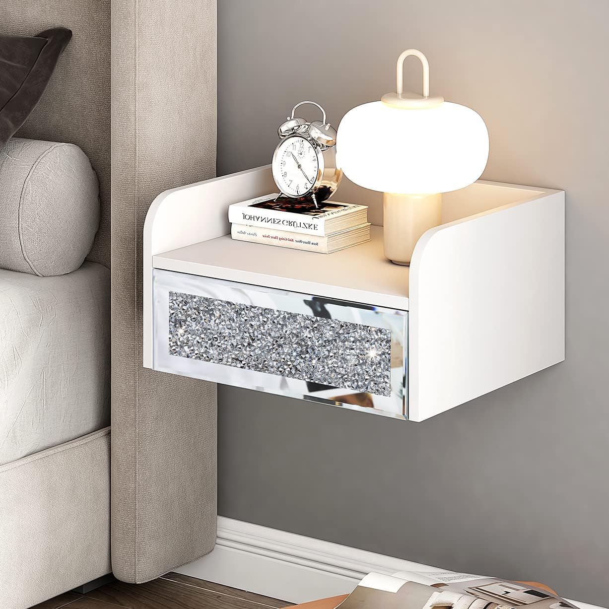 blingworld Floating Nightstand Mirrored Modern White Nightstands with