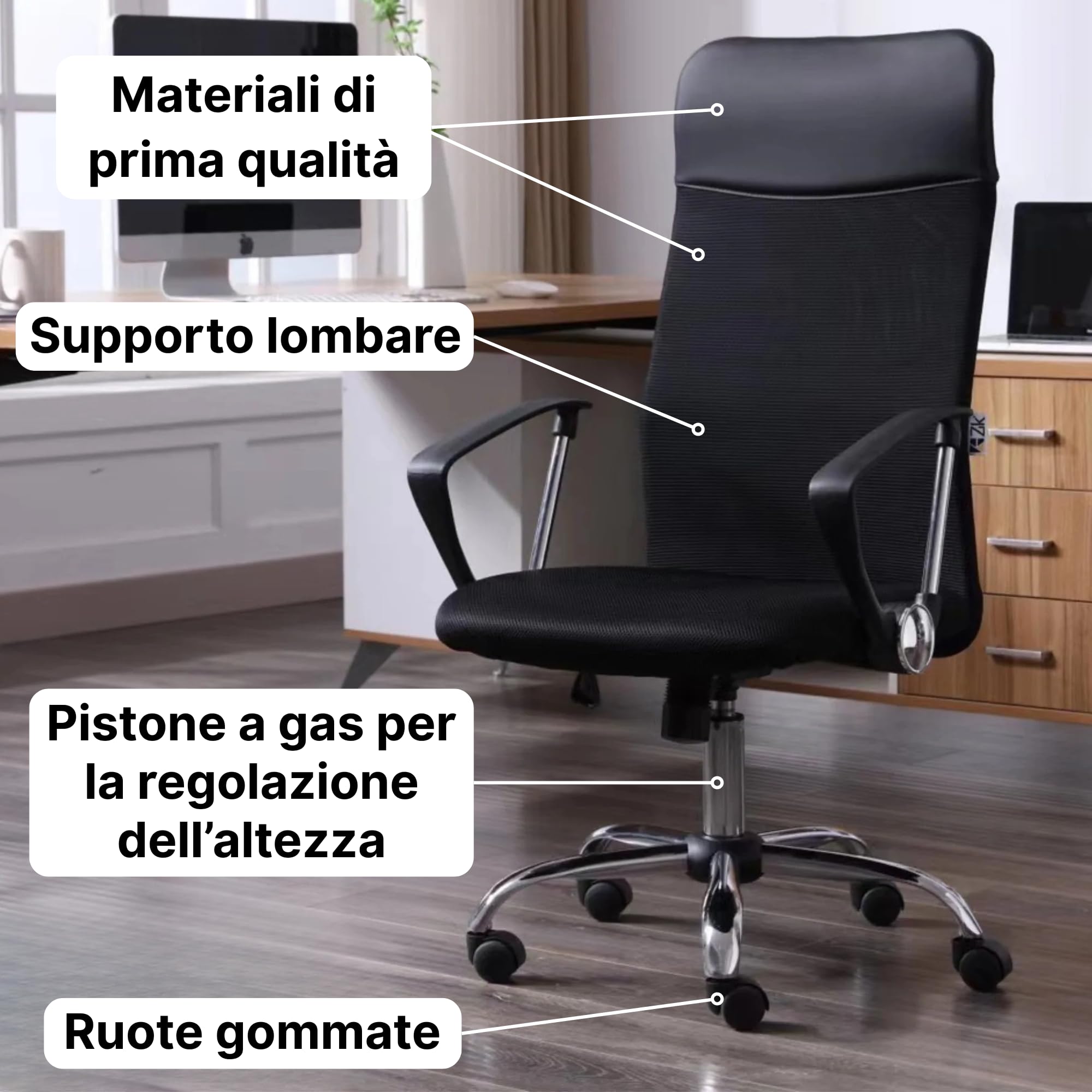 ZIK - Sedia Ufficio con Supporto Lombare, Poltrona Ufficio Presidenziale Ergonomica con Ruote per Parquet in Rete Traspirante, Seduta Comoda Imbottita con Gommapiuma 7cm, Sedie con Portata 150Kg