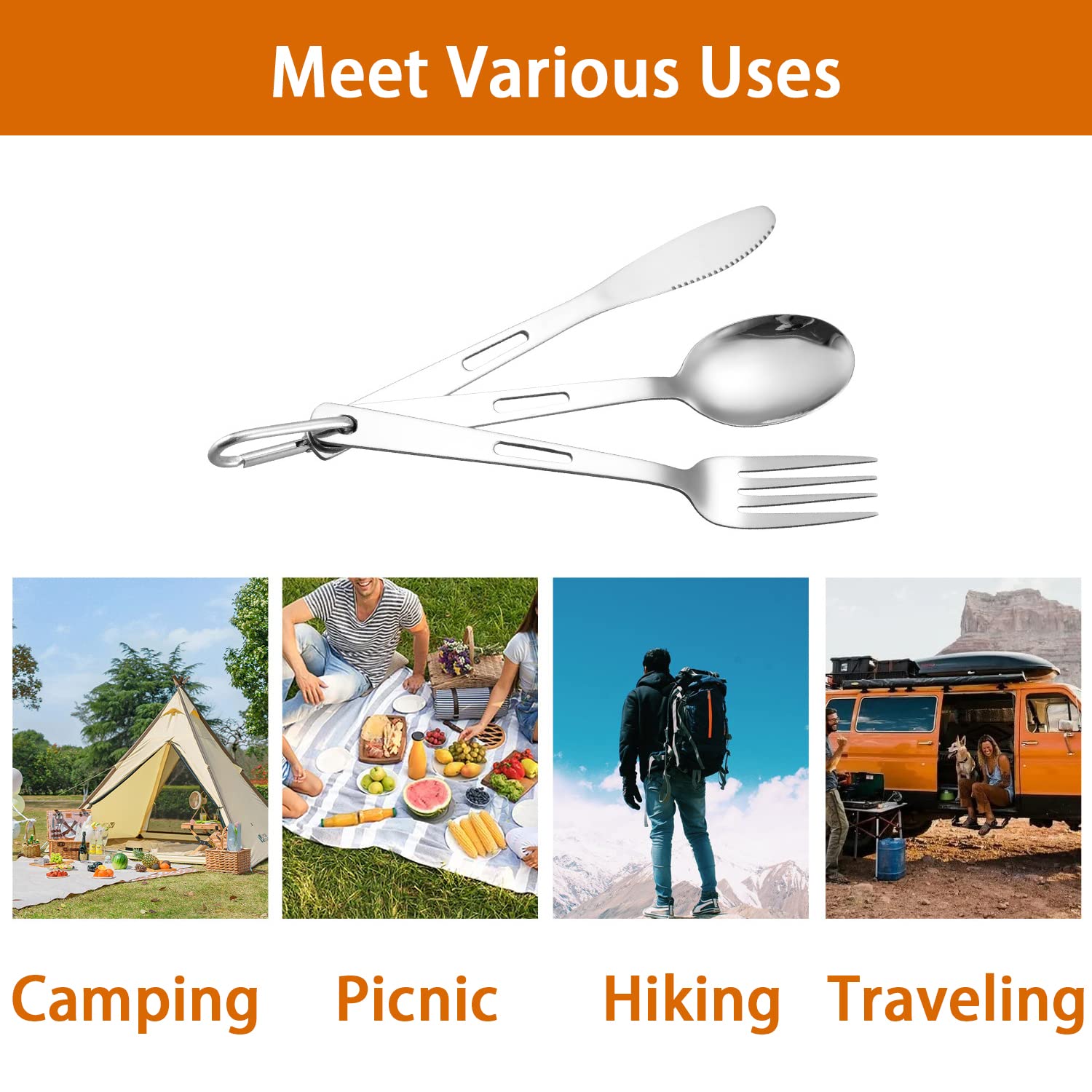 DZRZVD Camp Flatware Sets- Stainless Steel Spoon Fork Knife - Matching Matching Quick Hook - Ultralight Utensils for Backpacking/Hiking/Camping - 4oz