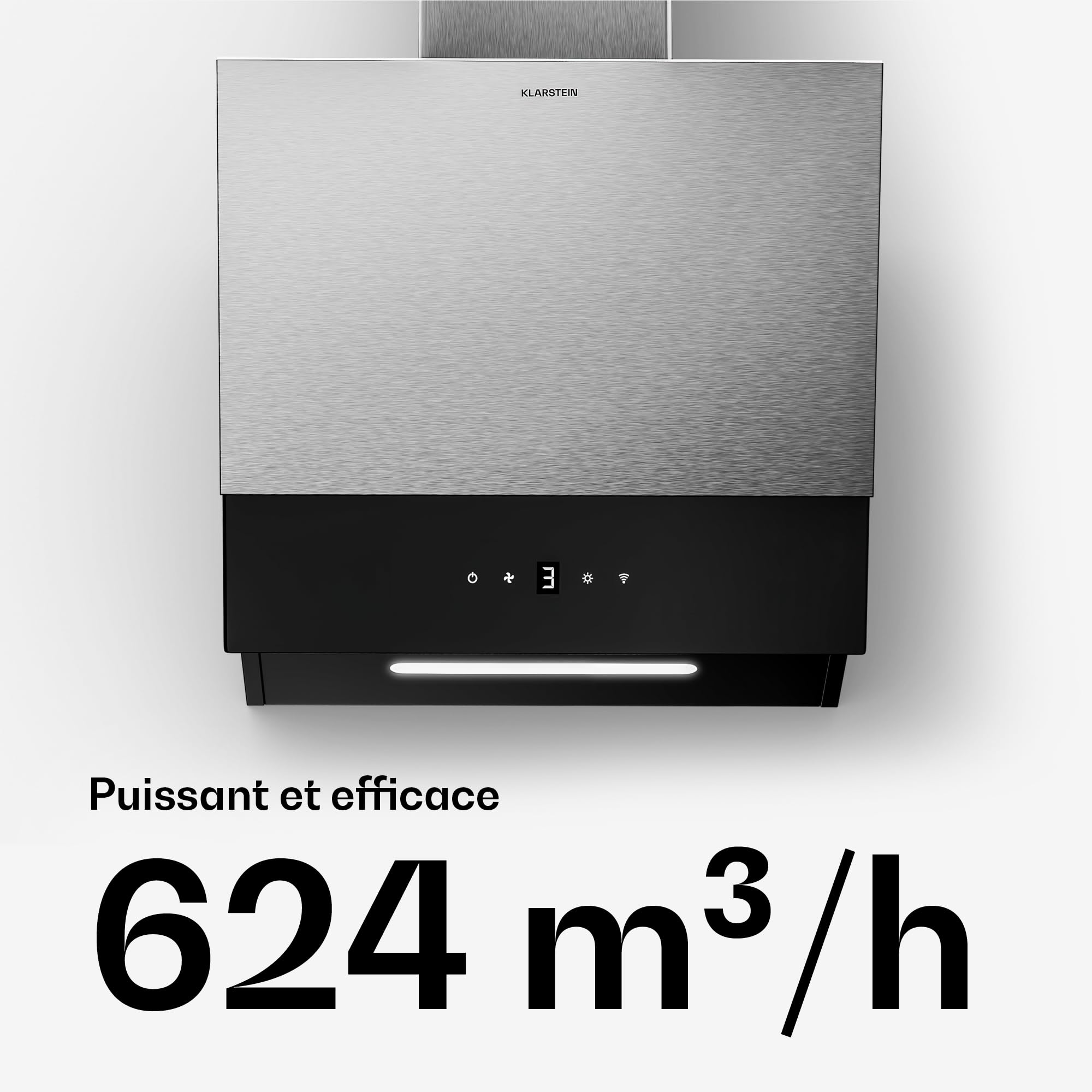 Klarstein Verosteel Hotte Aspirante 45 cm - Hotte Décorative, 624 m³/h, A++, Commandes Tactiles, LED, Filtre Charbon, Inox & Verre Noir, Silencieuse, Cuisine Moderne