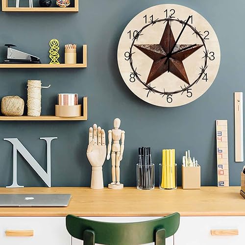 Miniatura 4 de Reloj de pared vintage con estrella silencioso, sin tictac, Texas Farmhouse Star Reloj de grano de madera rústica, funciona con pilas, relojes de