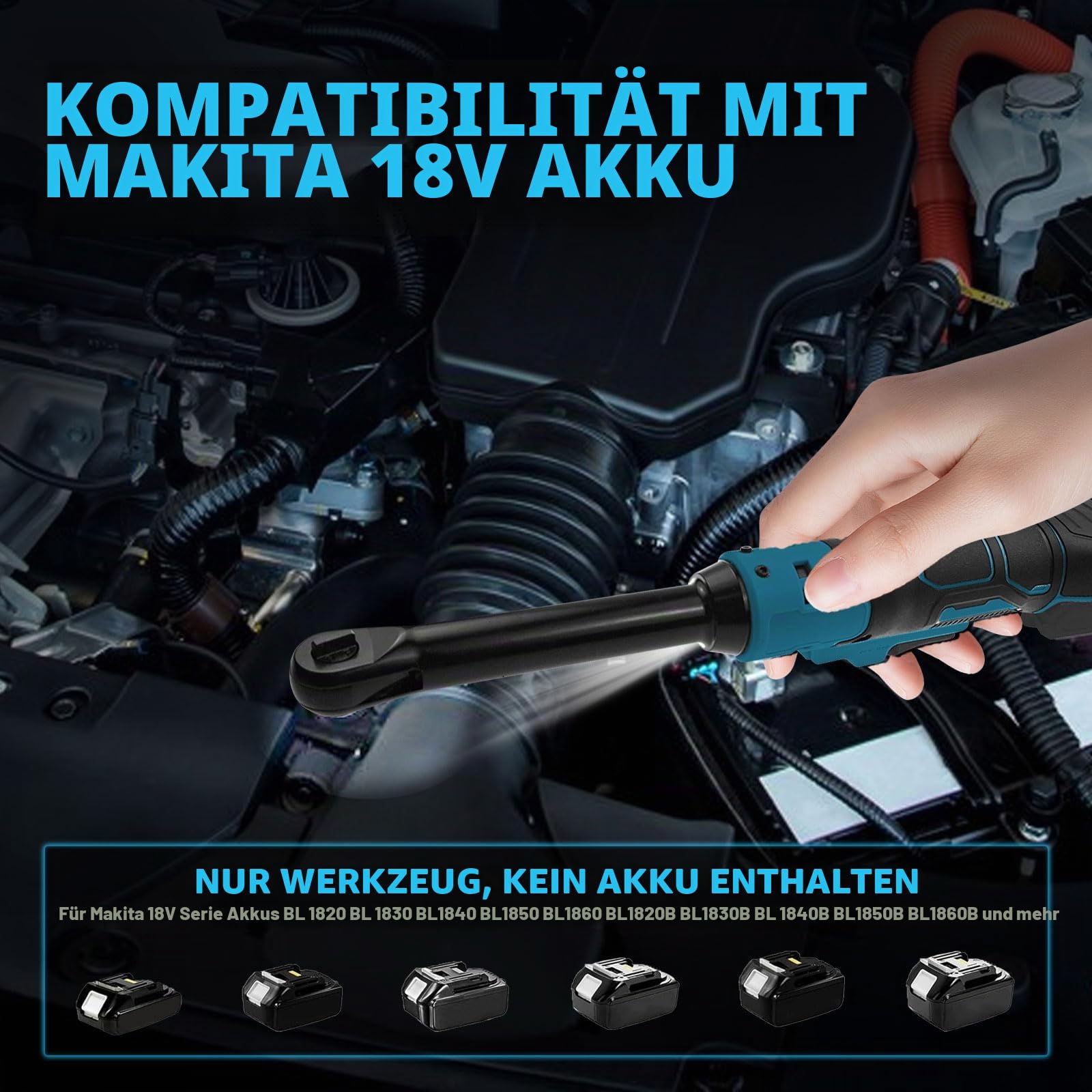 Akku Ratschenschlüssel für Makita 18V Akku, 3/8 Zoll verlängerter elektrischer Ratschenschlüsselsatz mit LED-Licht, 9 10 11 12 13 14 15 17 mm Stecknüssen, 320 U/min, 80 N.m (Keine Batterie)