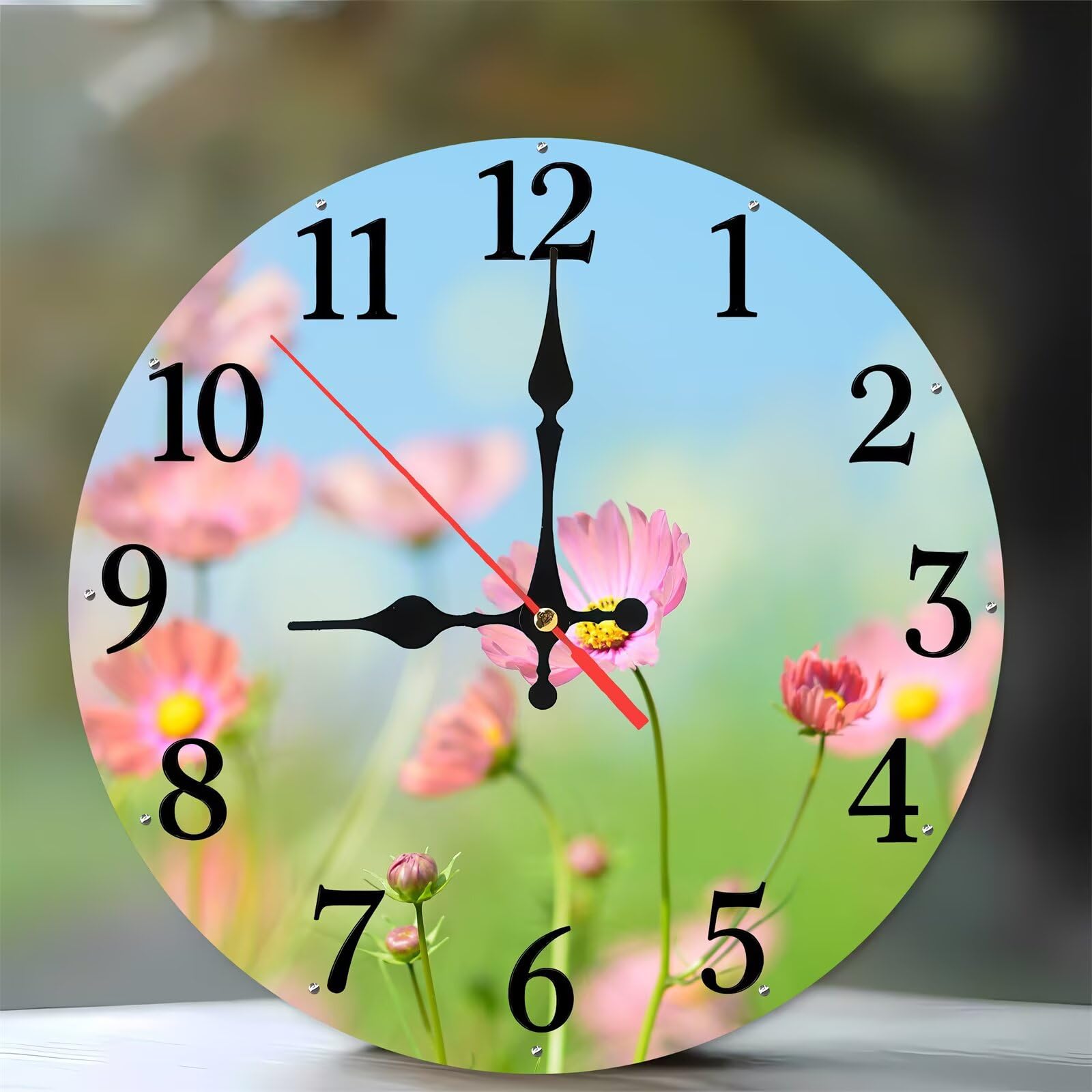 Horloge murale bois 35 cm fleur rose montre murale silencieuse pour salle à manger
