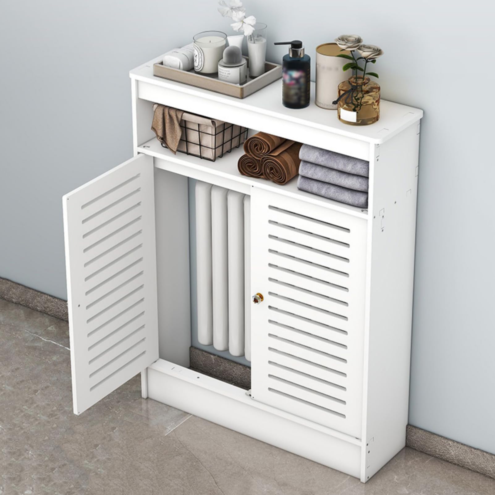 HENGYINGYUNTAI Modern Wood Radiator Cover Cabinet with Open Shelves, White, L80cm*H90cm*T25cm, Bathroom, Double Doors, Easy Maintenance, Safety Barrier