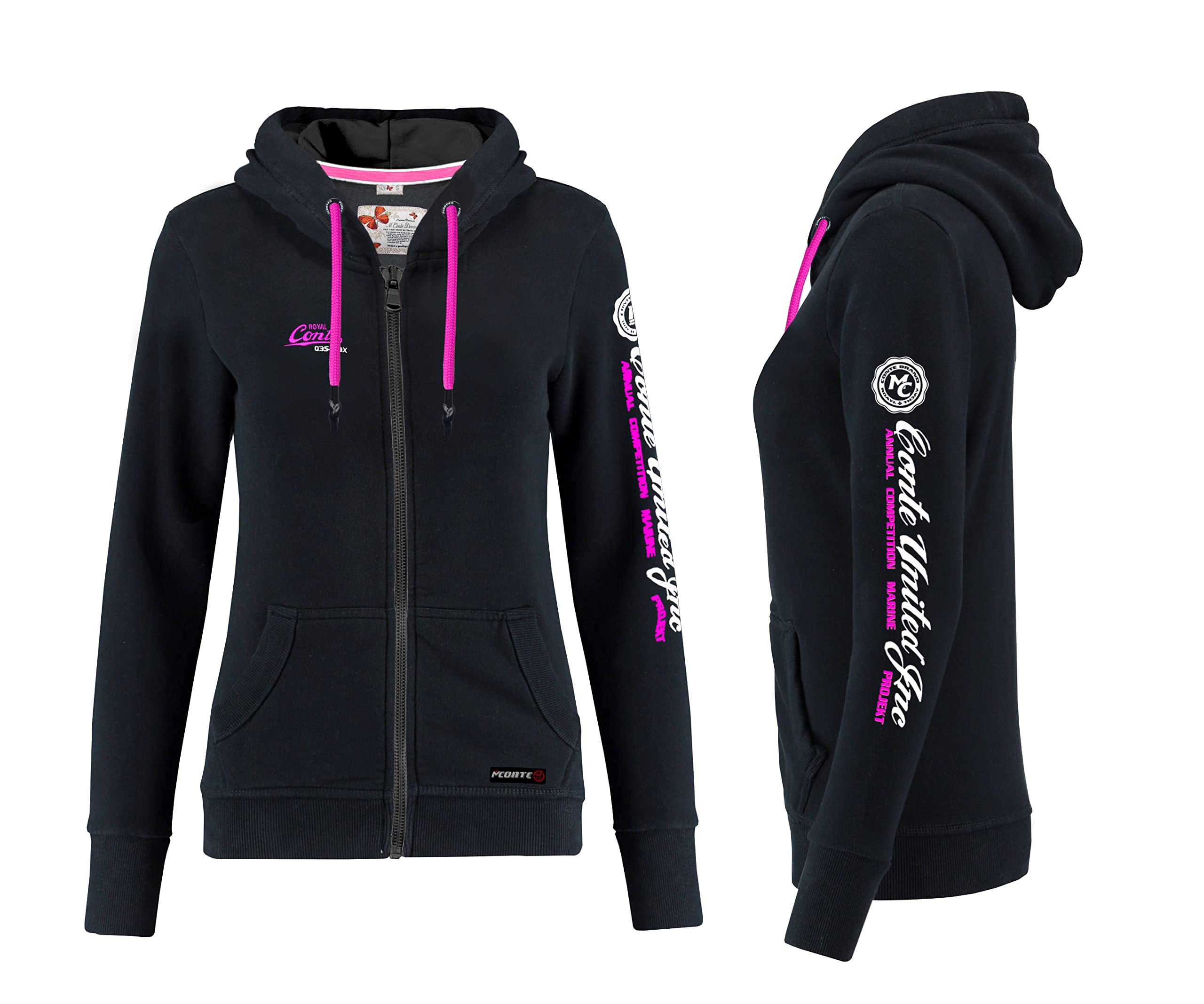 M.Conte Damen Hooded Sweater Sweat-Shirt-Jacke Schwarz Pink Mit Kapuze