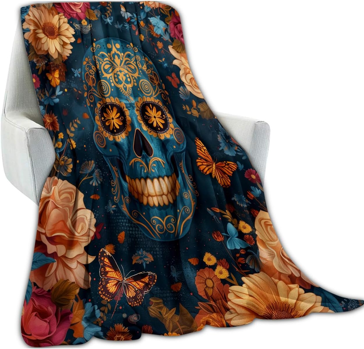 Decorative Skull Floral Plush Throw Blanket - Ultra-Soft Flannel, Lightweight, Comfy & Warm, Anti-Pilling Cozy Fleece for Couch, Bedroom, Travel, Outdoors - Unique Gift for Men & Boys 60×50inch