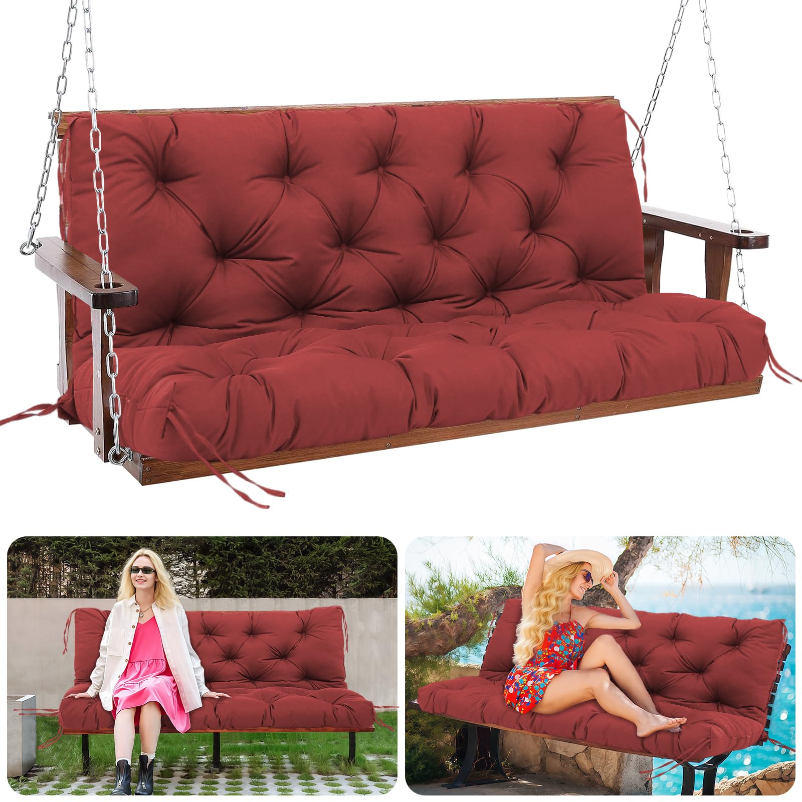 Mqghj Garden Swing Cushions 3 Seater 12cm Thick Outdoor Bench Cushions Waterproof 150cm Swing Seat Cushions with Backrest Replacement Outdoor Swing Cushions for Patio Porch(Wine Red-150x100cm)