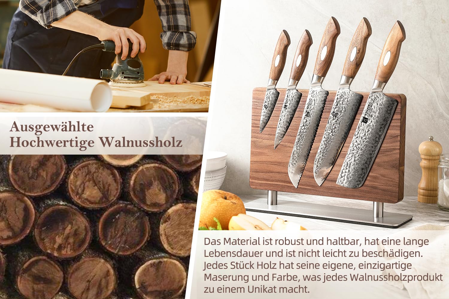 XINZUO Walnussholz Messerblock Magnetisch -Doppelseitig erhältlich -Messerhalter Magnetischer Ohne Messer -Doppelseitiger Starker Magnet Messerhalter für Küche -Leicht zu reinigen -mit Geschenkbox