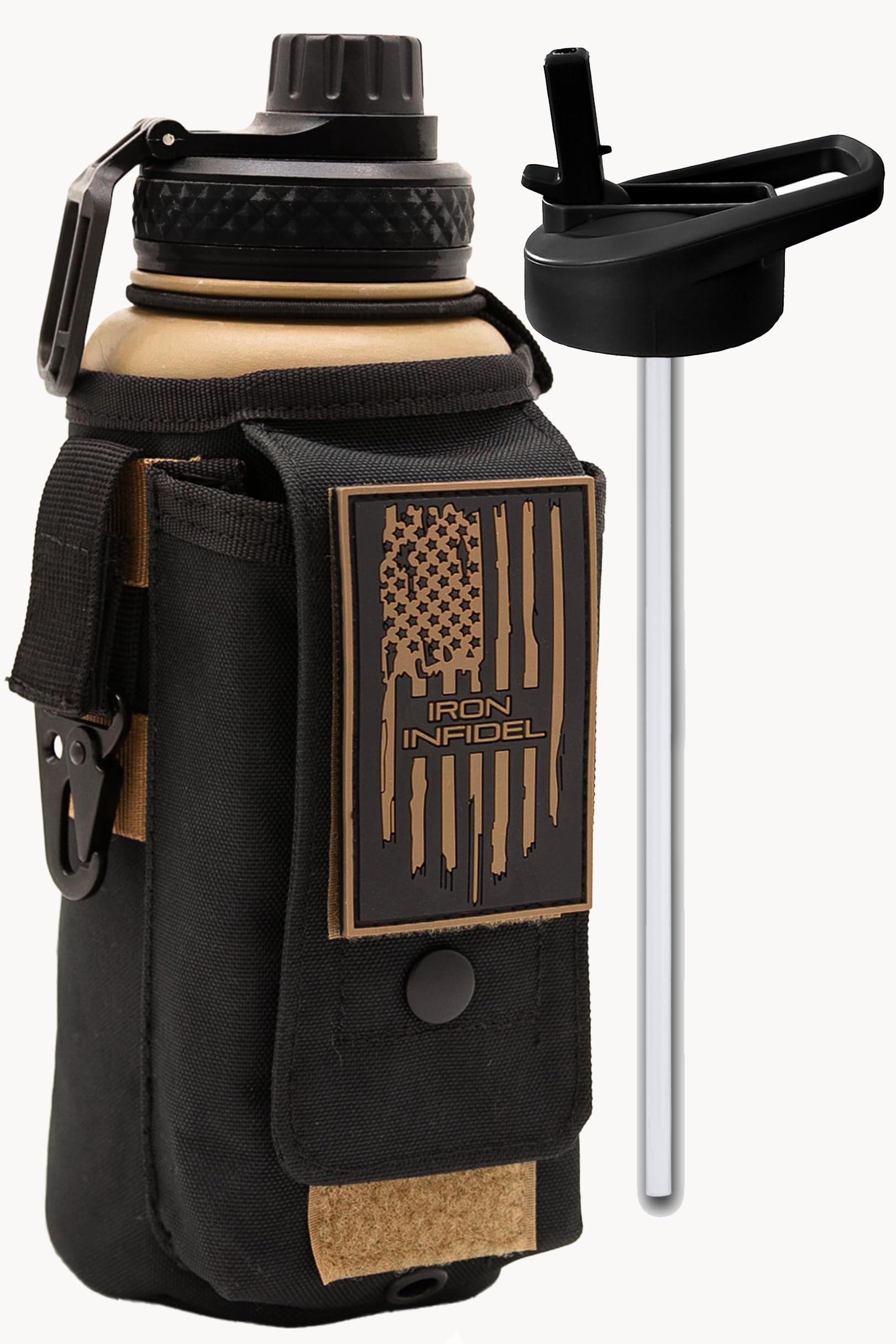 Iron Infidel Battle Bottle - 32 Oz Insulated Water Bottle with Straw Lid & Chug Cap, Stainless Steel Metal Flask Includes Rugged, Removable Sleeve for
