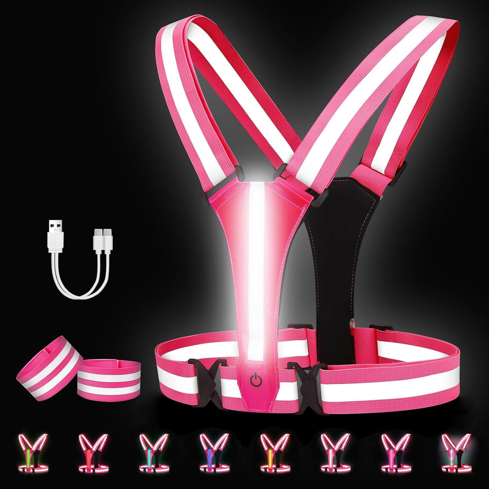 Adiwo 8 Farben LED Sicherheitsweste, Wiederaufladbar Reflektierende Warnweste mit 2 Reflektorbündchen, Damen Herren Kinder Einstellbar Warnweste Reflektorweste für Fahrrad Motorrad Joggen, Rosa