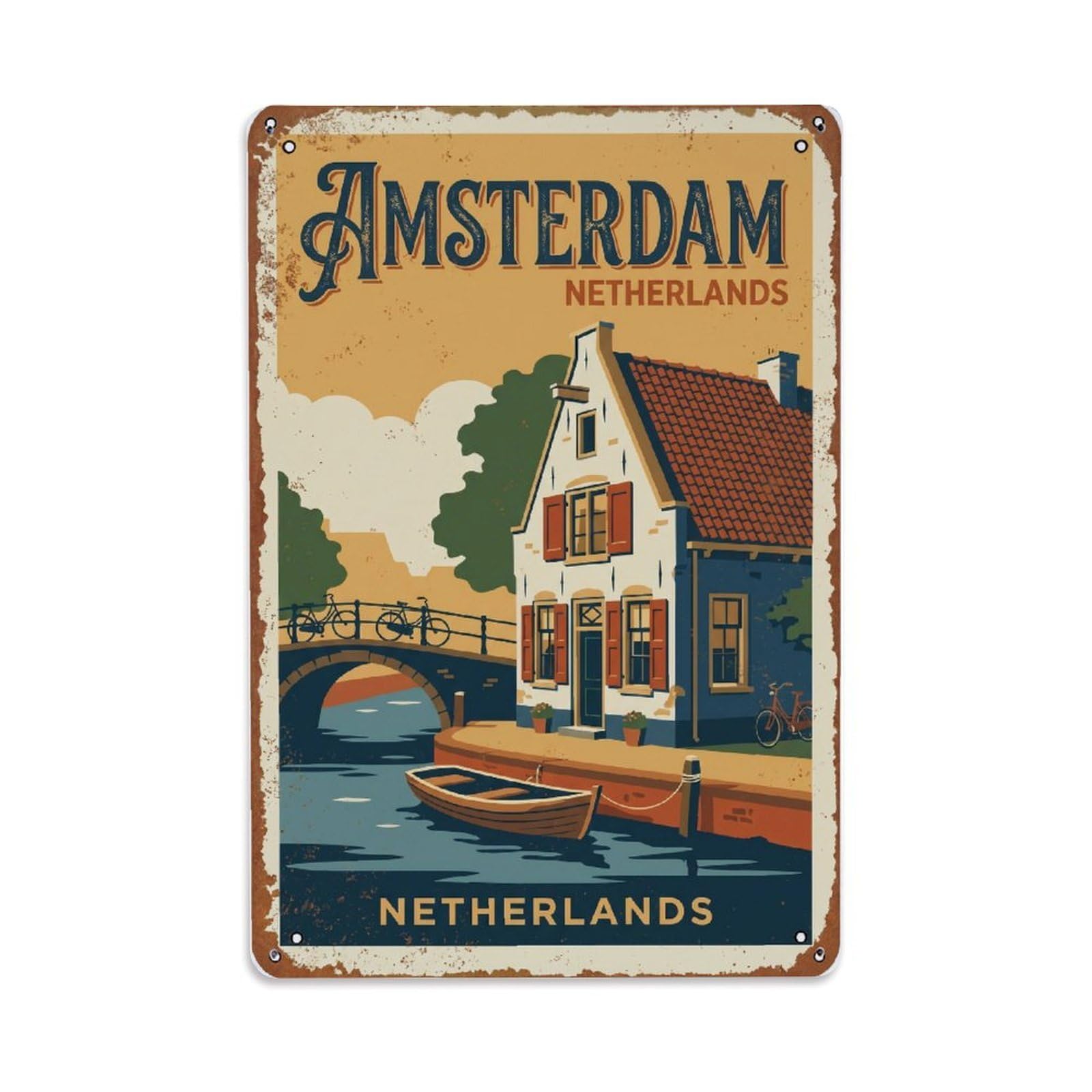 Vintage Travel Cottage Netherlands Quaint Metal Tin Sign Plaque Wall Decor for Cafe, Club Bar, Office, Home Garden Metal Poster 8x12Inch
