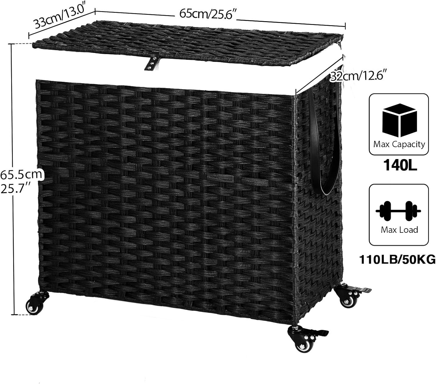 Black Woven Rectangular Kids Hamper with Wheels and Lid