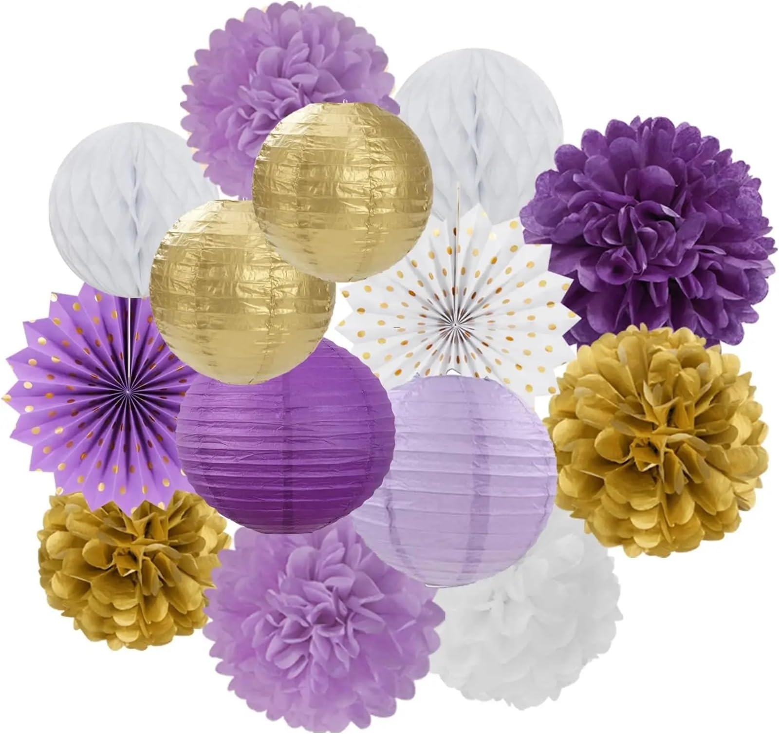 Paper Pom Poms 14Pcs Lantern Tissue Pom Poms Honeycomb for Wedding Bridal Shower Birthday Party Decoration(Purple Gold)