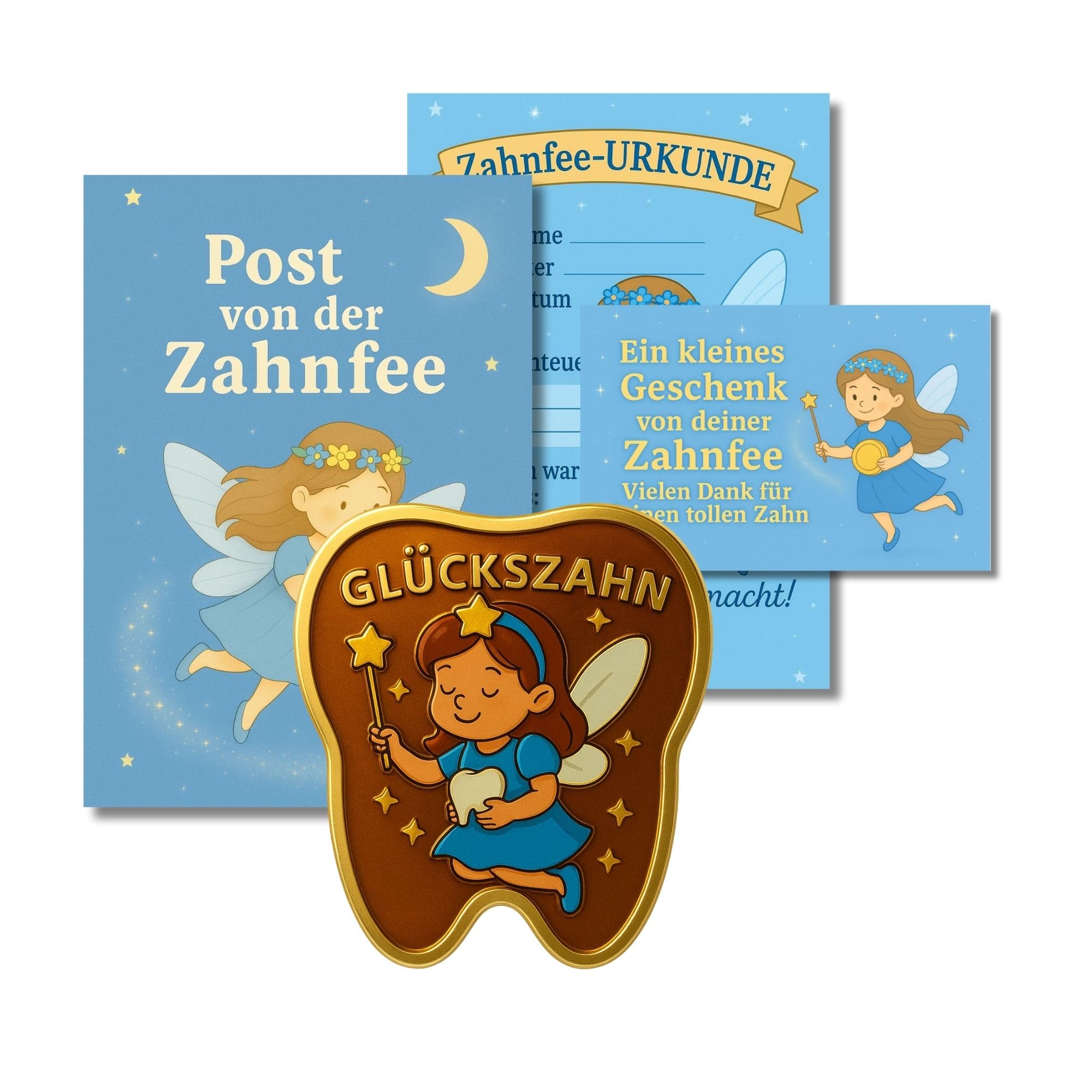 Milaboo® Zahnfee Geschenk Kinder – Zahnform Glücksmünze (3,5 cm) im Organzasäckchen mit Karte, Post von der Zahnfee, Urkunde & Umschlag – Geschenkset zum Zahnverlust (blau)