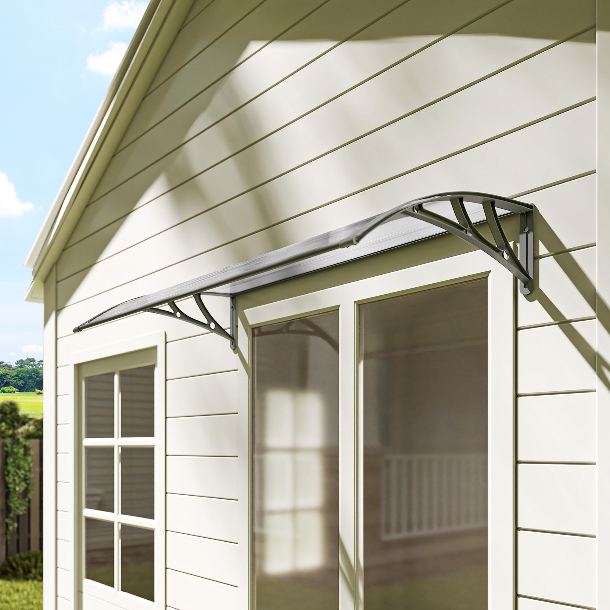 Outsunny Marquesinas Exterior para Puertas y Ventanas, 110x60 cm, Tejadillo de Protección contra Sol y Lluvia, con Cubierta de Policarbonato, Soportes de PP y Regleta de Aluminio, Gris y Transparente