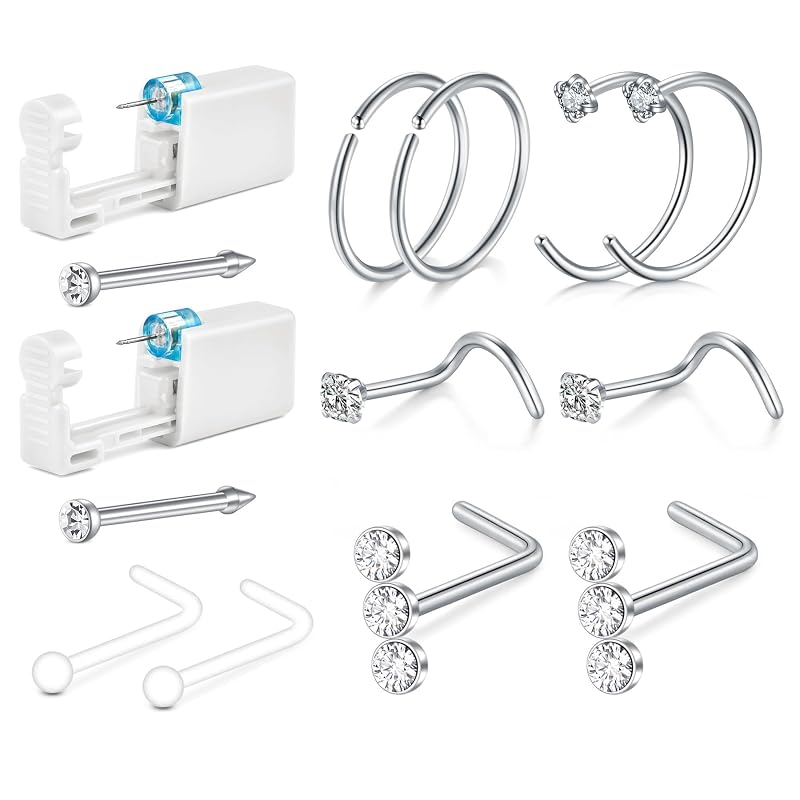 Kit descartável para piercing nasal QWALIT com 2 pistolas e 10 joias, prata