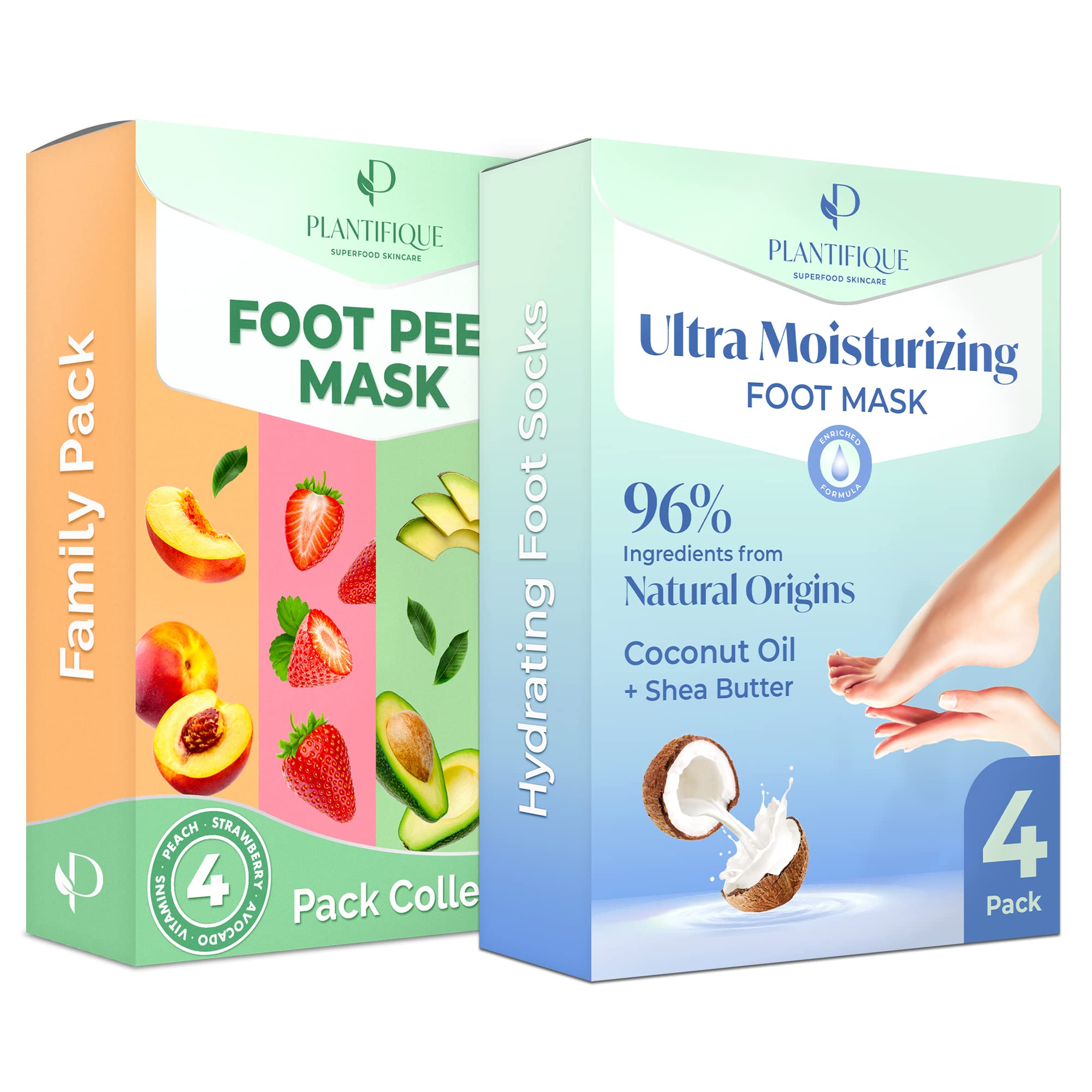 PLANTIFIQUE Maschera Piedi Esfoliante - Trattamento Calli e Duroni, Pulizia Talloni Screpolati - Combo 4 Paia & Maschera Piedi Idratante - Trattamento Spa come Crema Talloni Screpolati - 4 Paia