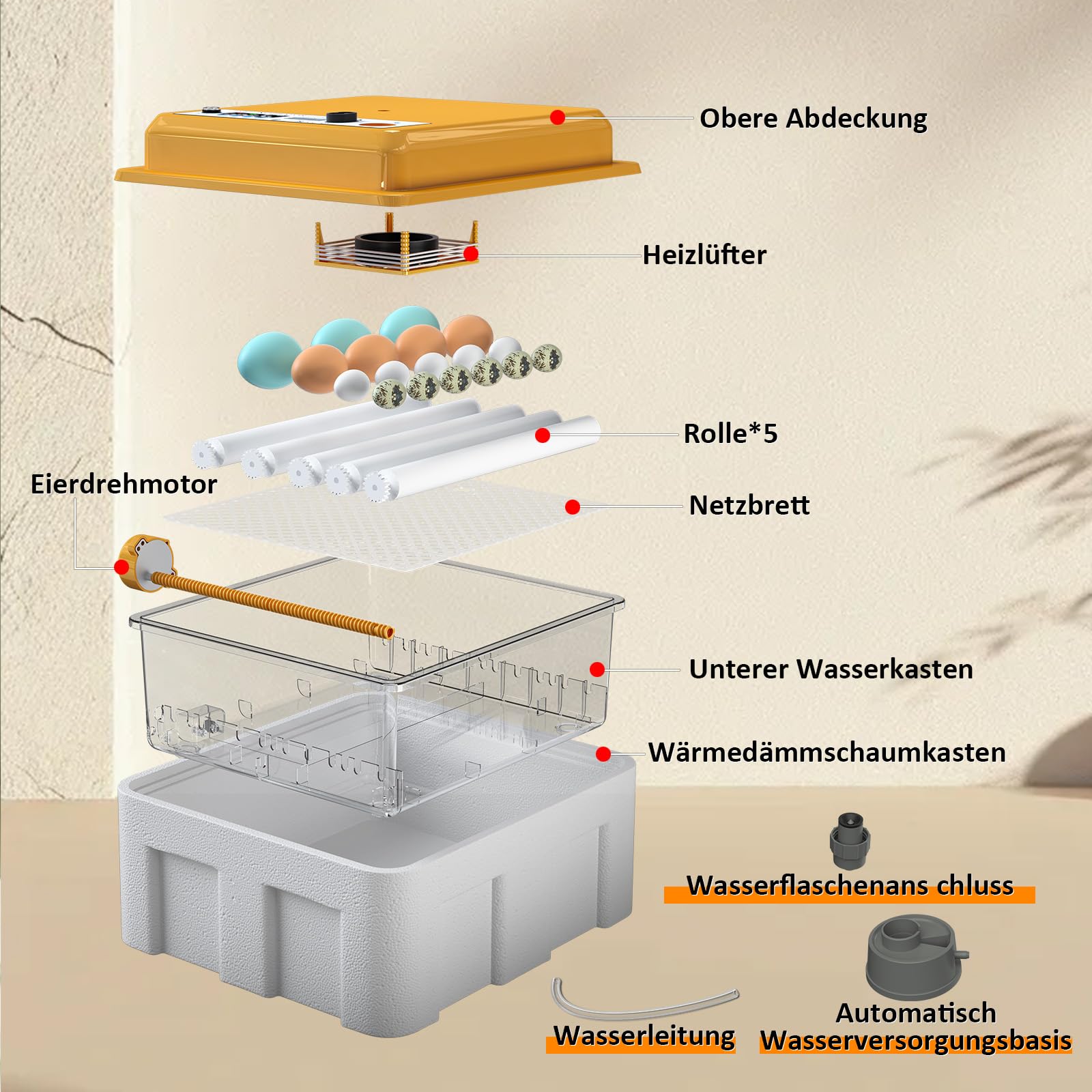 Brutautomat Vollautomatisch für 16 Eier mit Temperaturregelung automatischem Wenden, Inkubator Hühner mit verstellbaren Walzen und automatischer Wasserzugabe, Brutmaschine LED Eierleuchte