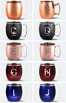 Personalized Custom Smooth Finish Black Moscow Mule Mugs with Custom Typography + Marjoram Leaf Engraved Bar Style Cup, 16 oz | Set of 2