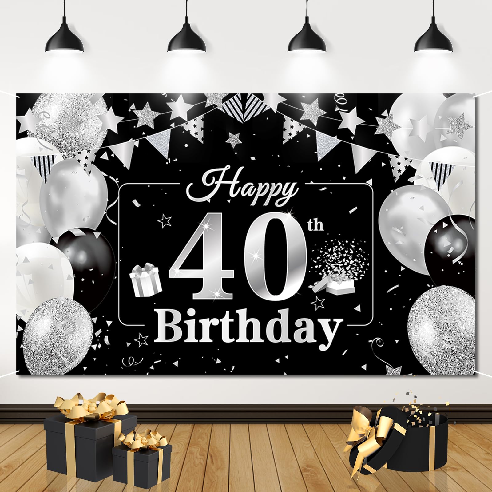 40. Geburtstag Banner Schwarz Silber, Stoffbanner 180 x 110 cm | Hochwertiges Stoffbanner 180 x 110 cm, festliche Hintergrunddeko für 40. Geburtstagspartys und Fotos