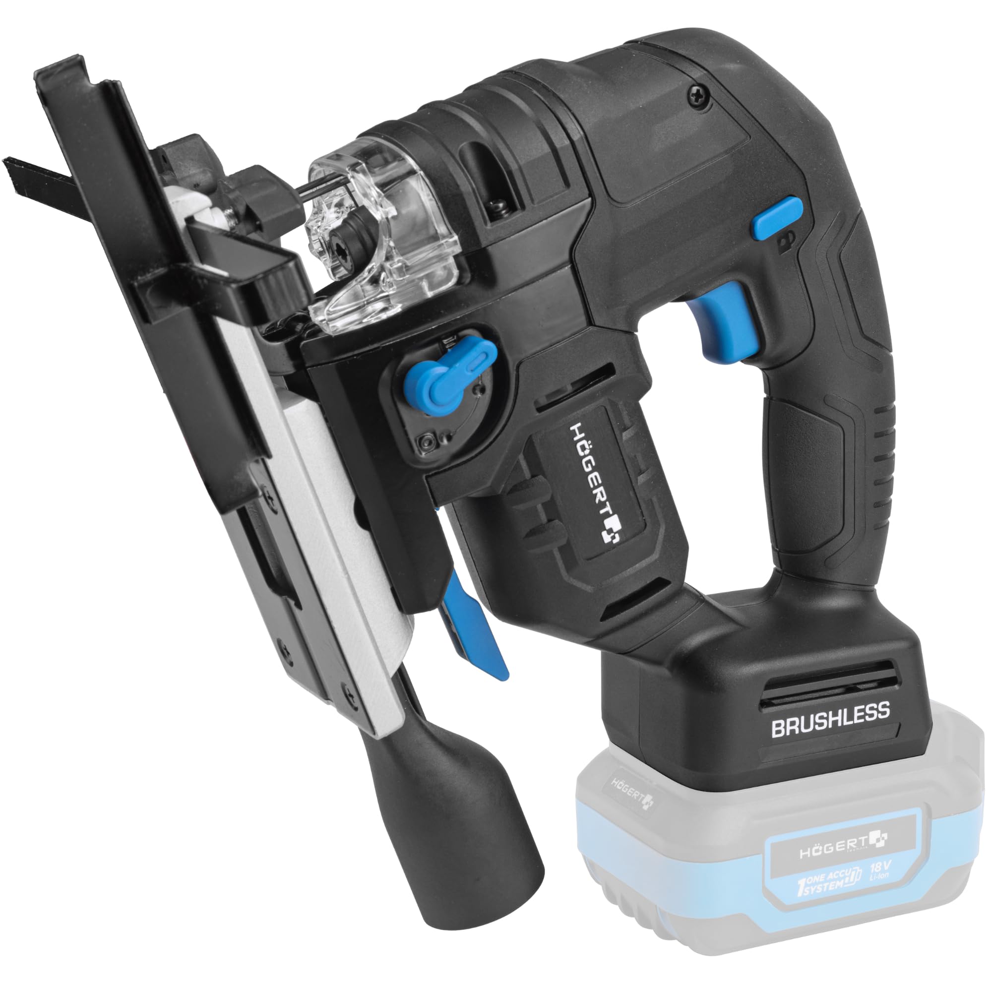 HÖGERT TECHNIK Set sierra de calar pendular a batería 18V brushless, con batería 4,0 Ah, cargador rápido 4A y bolsa de herramientas, 0-2600 RPM, carrera 26 mm, 4 niveles de oscilación, LED