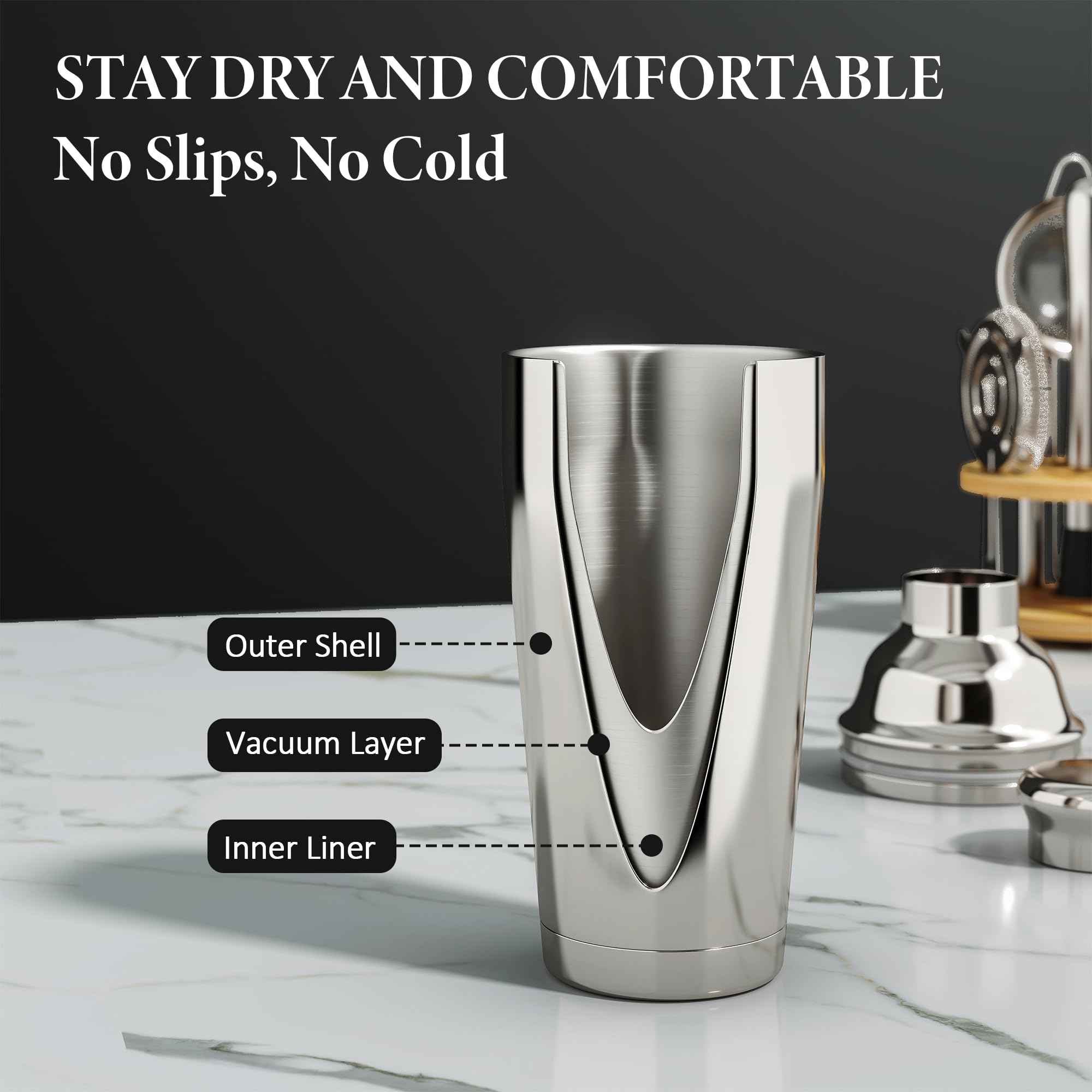 Kit de Coctelera 25 Piezas, Shaker Boston 700ml de Doble Pared en Acero Inoxidable 304, Set de Barman Completo con Soporte de Bambú, Recetas y Accesorios para Mezclar Bebidas y Regalar