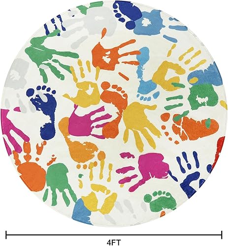 Miniatura 2 de STARUIA Alfombra redonda colorida para dormitorio de niños, 1.2x1.2 m con huellas de manos y pies, alfombra circular lavable para sala de juegos,