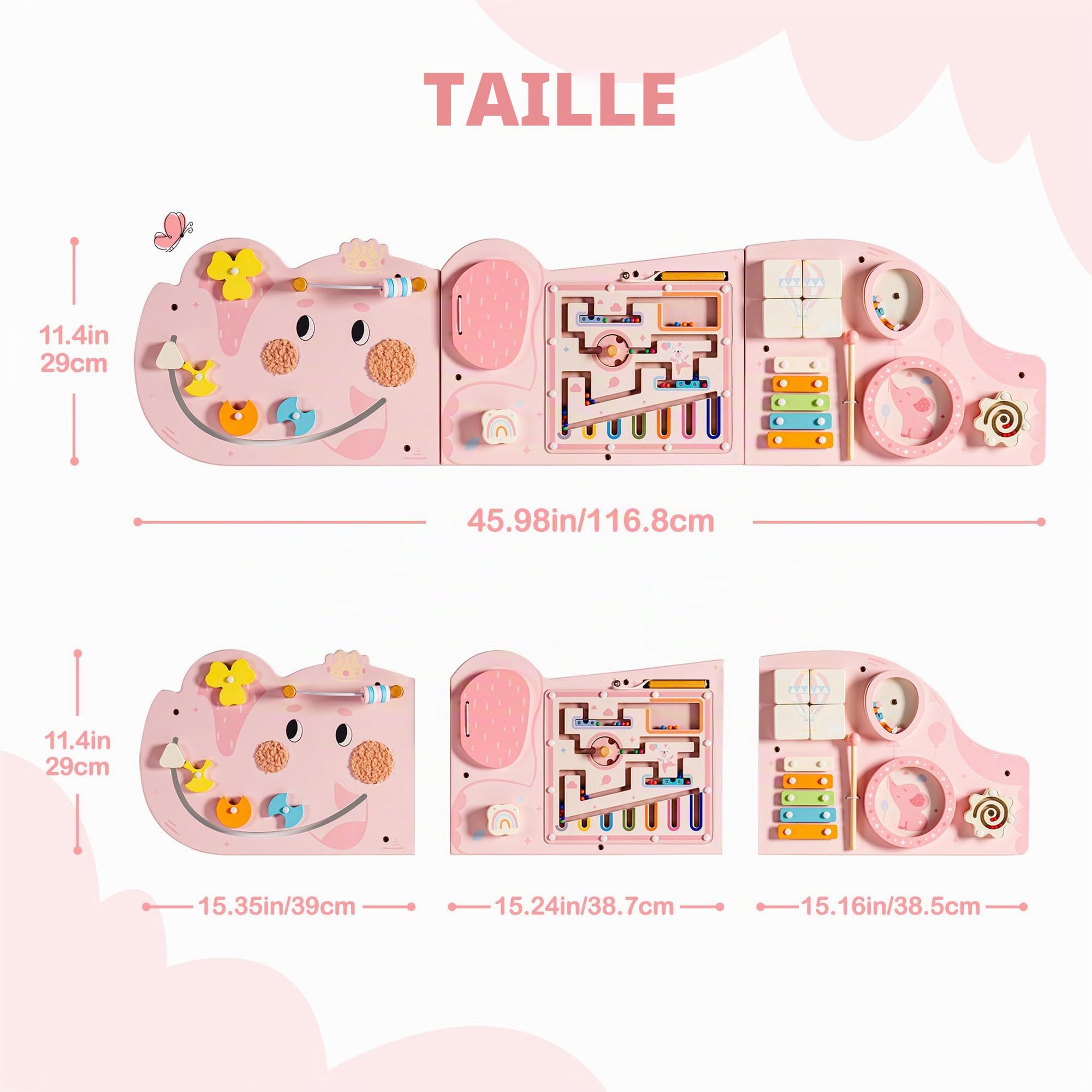ROBUD Montessori Planche de motricité en Bois - 11 en 1 - Jouet Mural pour Enfants à partir de 18 Mois - Jouet Montessori pour bébé avec Xylophone, Tambour, Miroir et pièces pivotantes - Rose