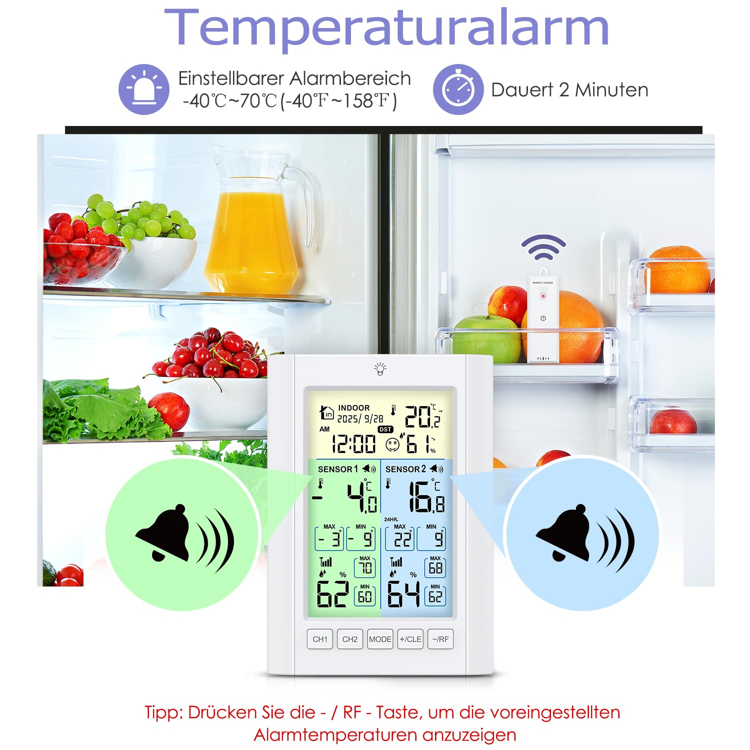 Termometro digitale per frigorifero, termometro per congelatore con 2 sensori, schermo a colori LCD con allarme, luce di fondo, max/min, calendario del tempo, DST, ℃/℉, modalità doppia