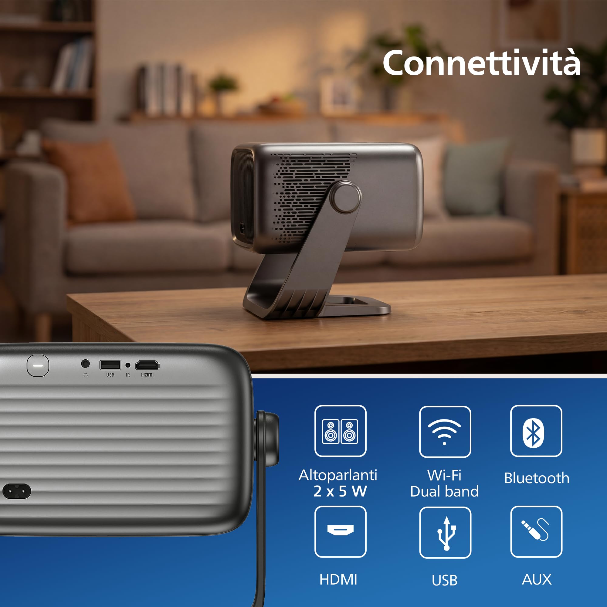 Philips NeoPix 460 Smart, proiettore LCD LED, Full HD 1080p, 500ANSI lumen, schermo 100", Google TV, Wi-FI, Bluetooth, HDMI, USB-A, autofocus, Keystone Auto, rotazione 180°.