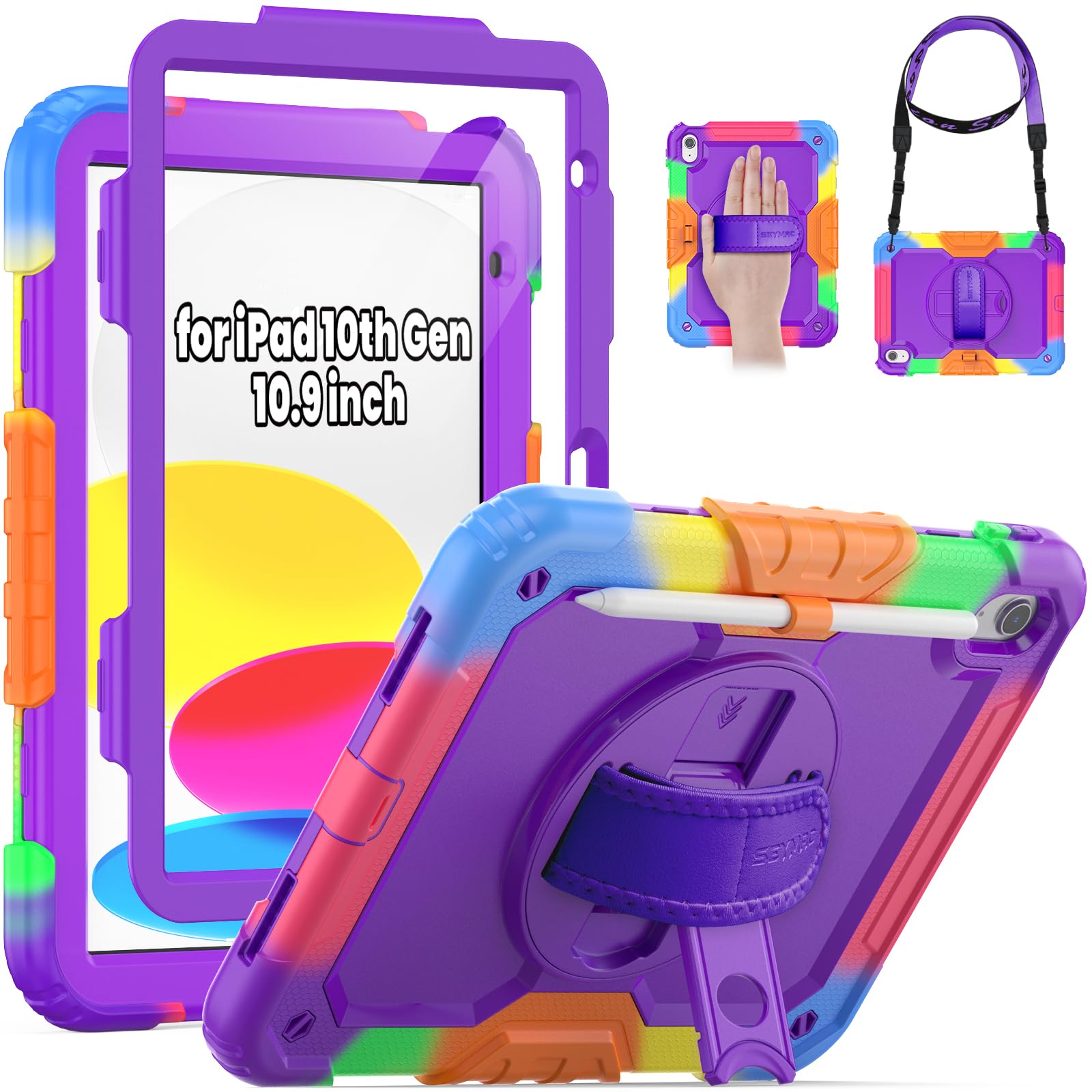 SEYMAC Funda para iPad (A16) 11/10 Generación 2025/2022 (11/10,9 Pulgadas), Resistente a los Golpes con Protector de Pantalla, Soporte Giratorio de 360°, Soporte para Lápiz, Camuflaje Morado