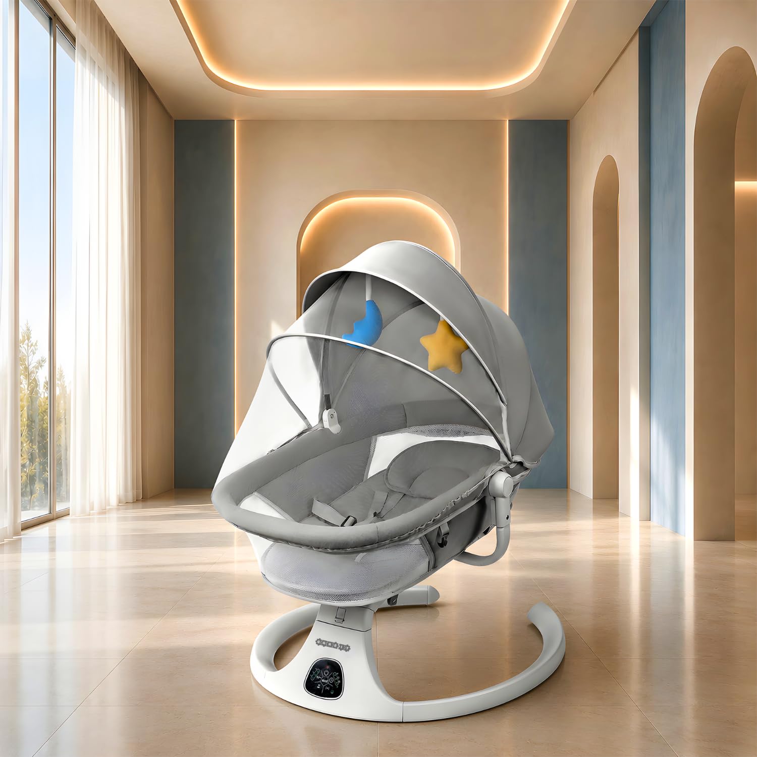 Electric Baby Swing Rocker for Newborn Baby | Automatic Cradle with 5-Speed Swing, Bluetooth Music, USB Support, Remote Control, Touch Panel, 360° Rotating Seat, Mosquito Net – Grey-image-44