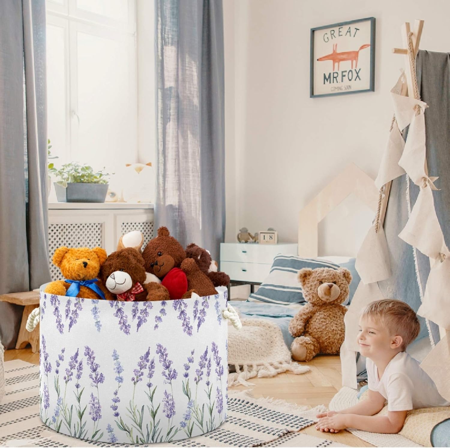 visesunny Storage Basket Purple Lavender Decorative Pattern Nursery Hamper Basket Clothes Toy Storage Organizer Bin Box Collapsible Laundry Bag for Kid Room,Playroom,Bathroom,Living Room,Dorm,Office