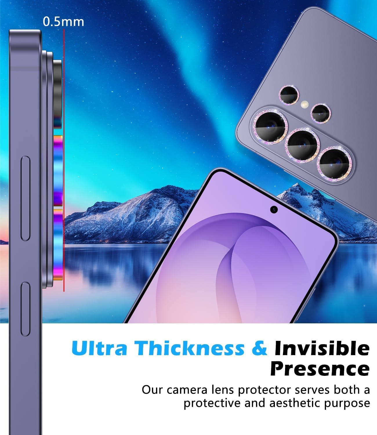 imluckies for Samsung Galaxy S26 Ultra Camera Lens Protector Bling, 9H Tempered Glass with Aluminum Aloy Edge, Ultra-HD Individual Lens Cover, Scratch Resistant & Case Friendly, Glitter Colorful