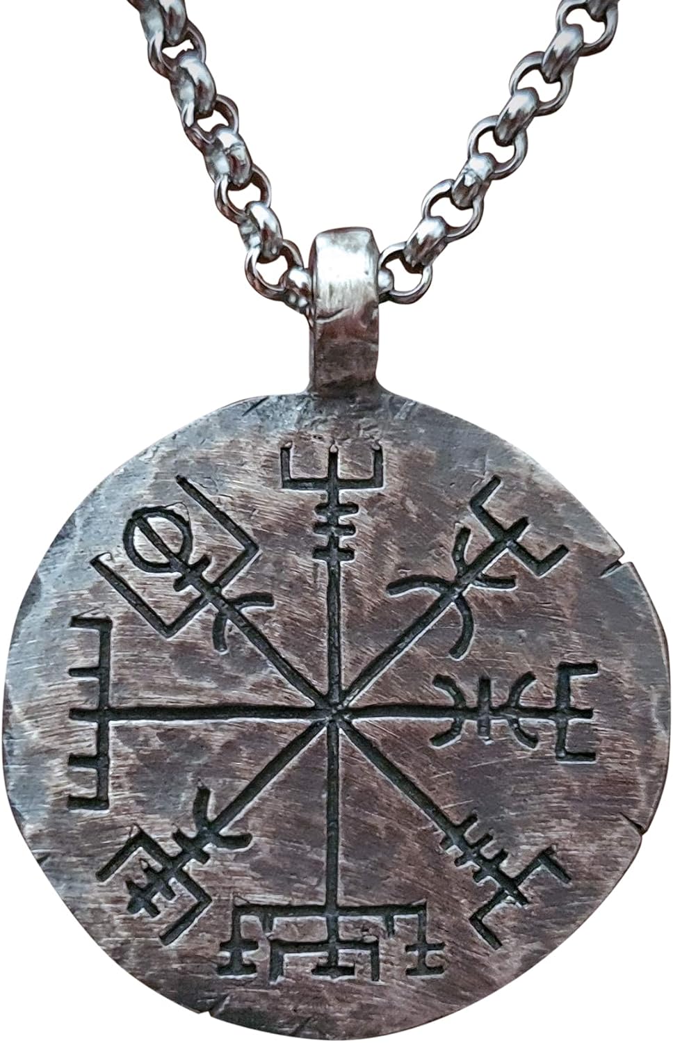 Baldur Jewelry - 925 Sterling Silver Viking Jewelry Compass Necklace Vegvisir/Aegishjalmur Pendant Hand Hammered Norse Necklace - Viking Gifts for Men