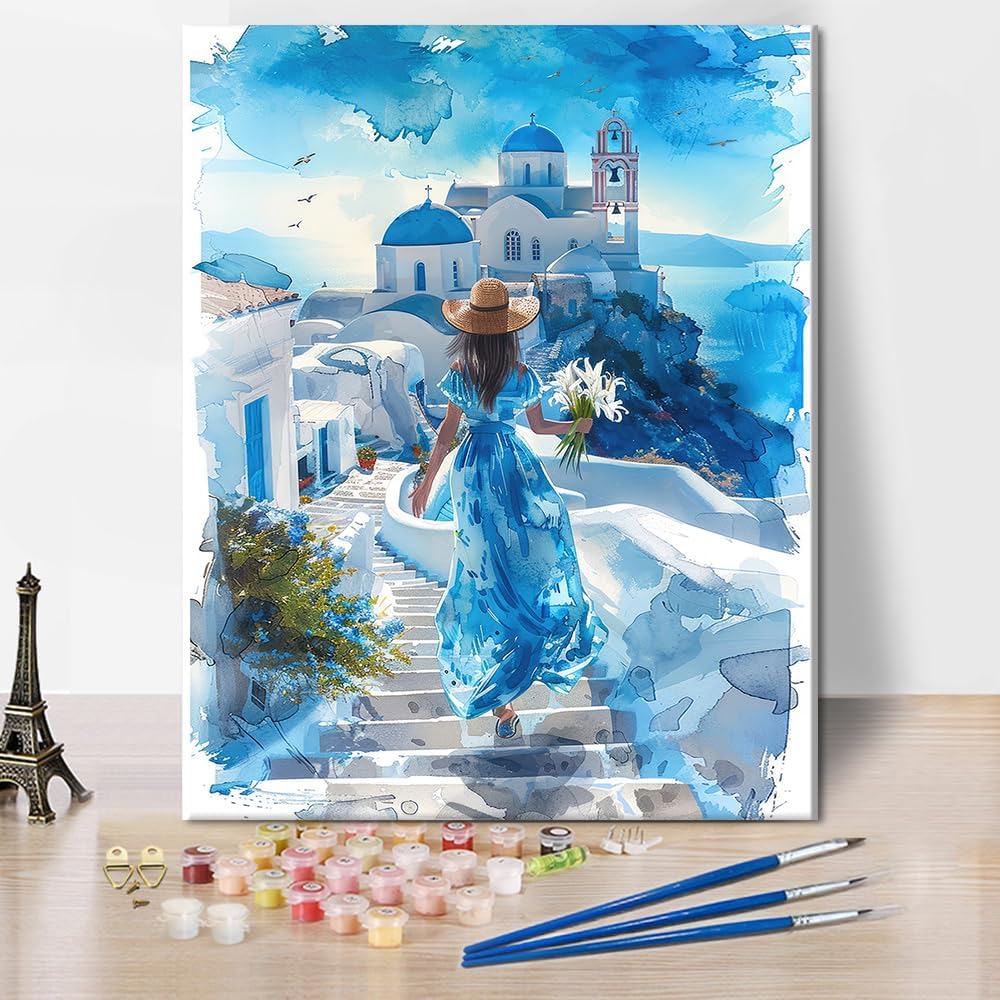 TISHIRON DIY Paint by Numbers for Adults Beginner Woman in a Blue Dress, Adult Paint by Number Girl, Acrylic Paint by Numbers Kits on Canvas Floral, Oil Painting Kit for Adults 16"x20"(Frameless)