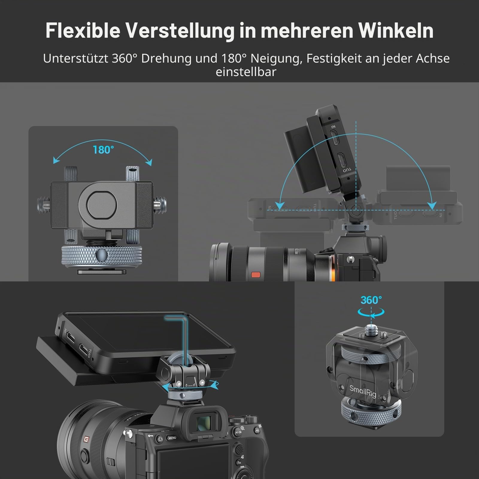 SMALLRIG Kamera-Monitorhalterung Lite mit Blitzschuh, 360° schwenkbar und 180° neigbar, Halterung für Feldmonitor Tragkraft von 90° Neigung 3,2 kg-3809B