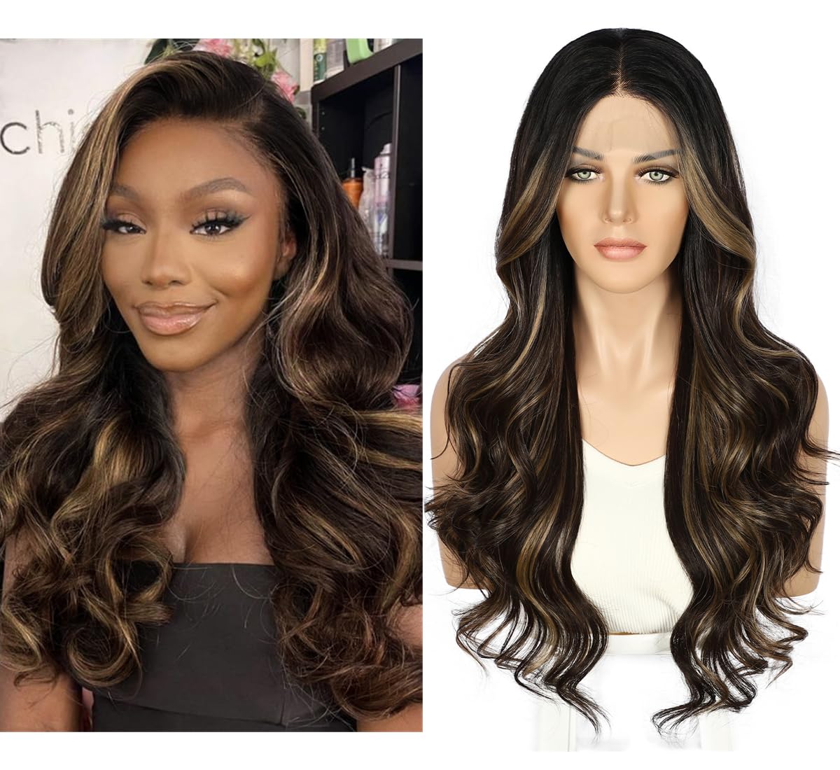 Sapphirewigs Highlight Dark Brown Lace Front Wig Synthetic Body Wave Balayage Synthetic Lace Front Wigs Party Date Daily Wear Christmas Natural Looking 26 inch